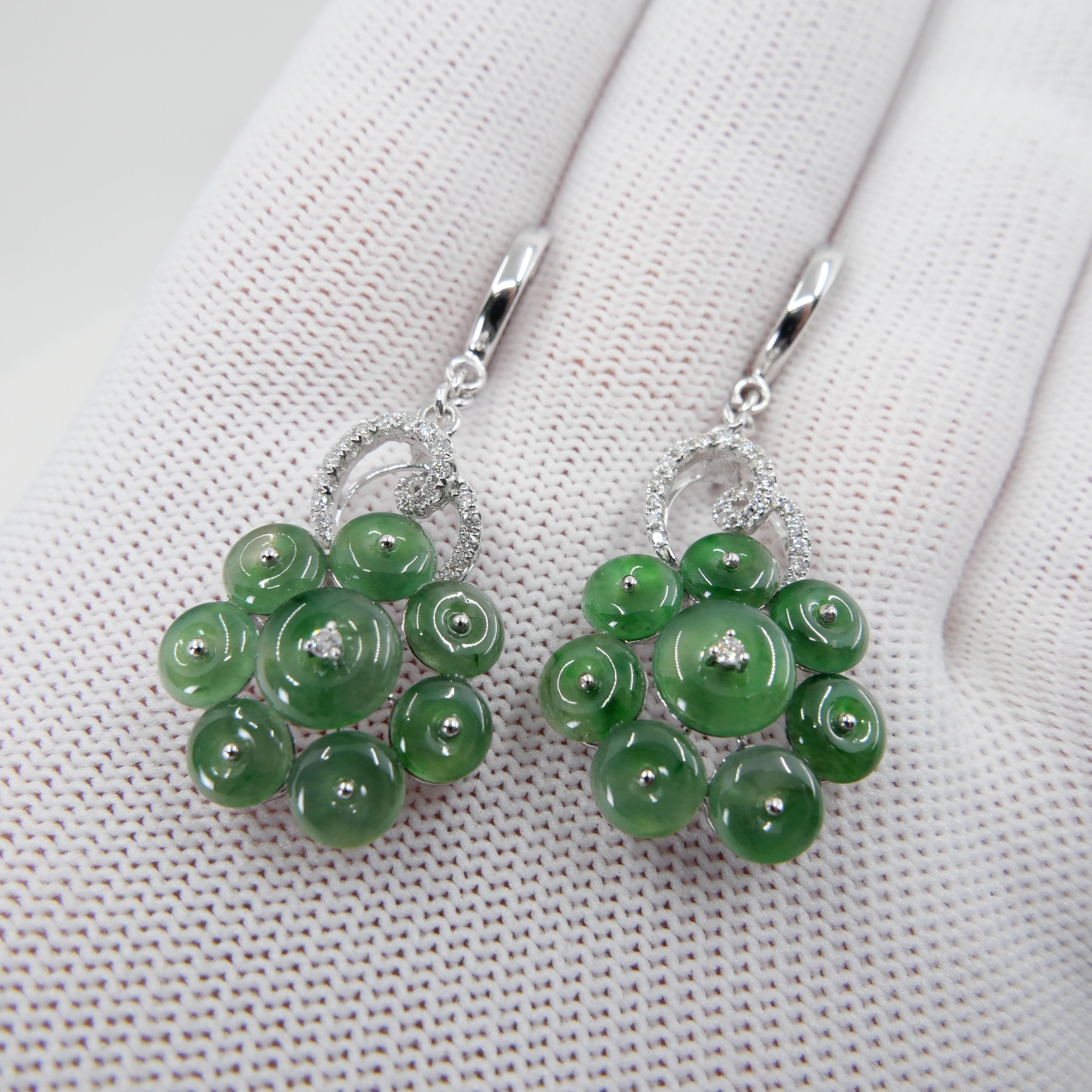 Certified Type A Cluster Icy Jade Discs & Diamond Earrings, High Translucency For Sale 12