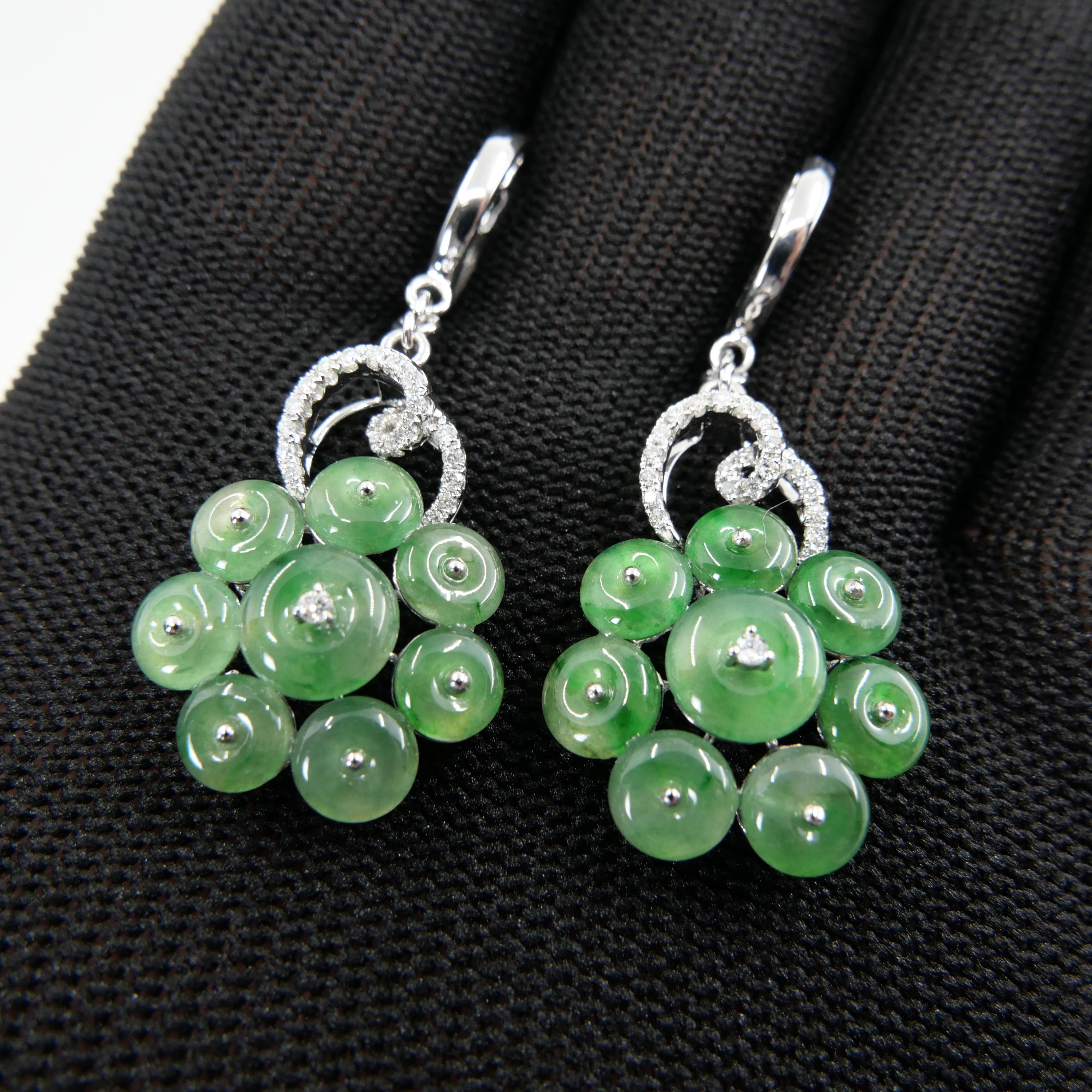 Round Cut Certified Type A Cluster Icy Jade Discs & Diamond Earrings, High Translucency For Sale