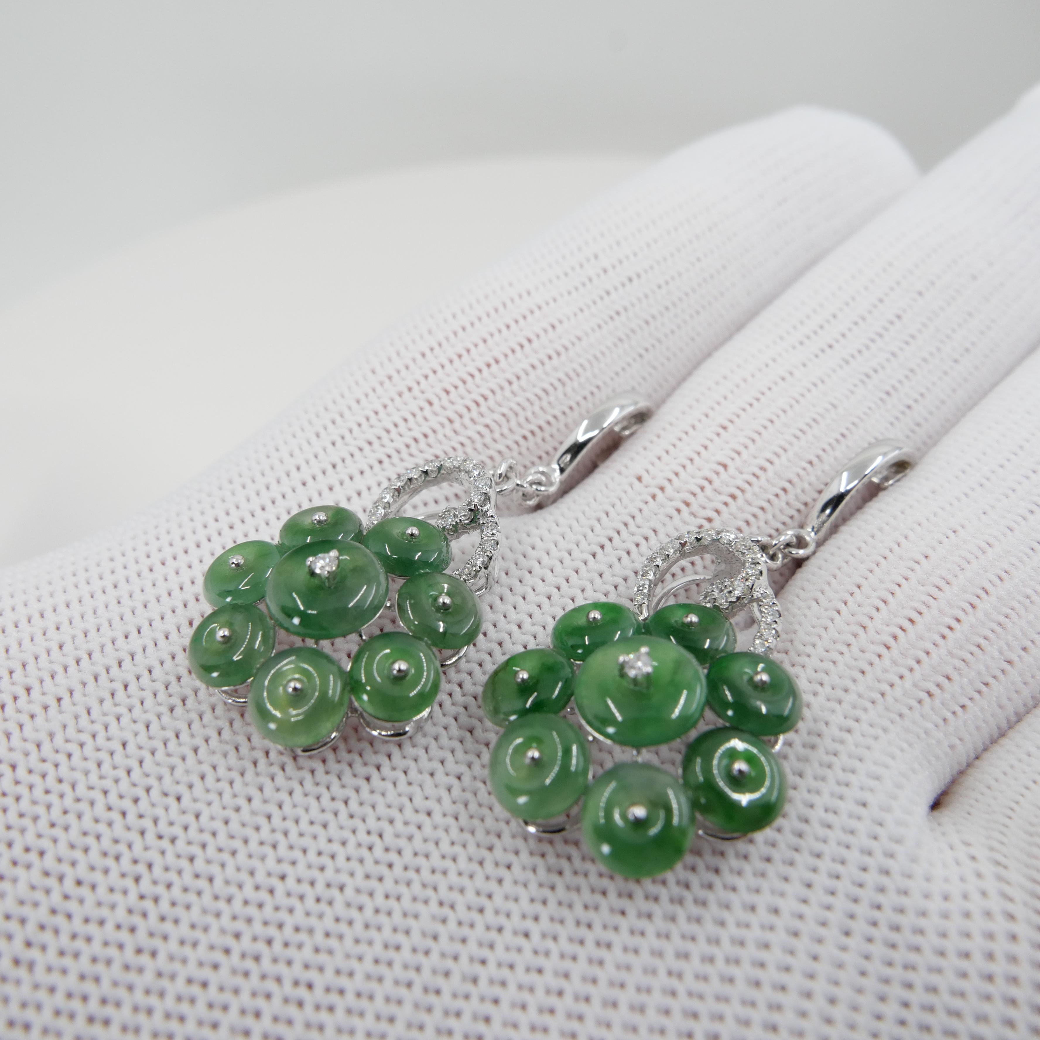 Certified Type A Cluster Icy Jade Discs & Diamond Earrings, High Translucency In New Condition For Sale In Hong Kong, HK
