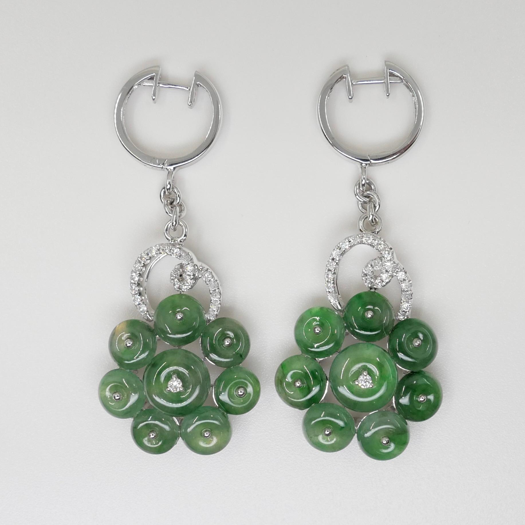 Women's Certified Type A Cluster Icy Jade Discs & Diamond Earrings, High Translucency For Sale