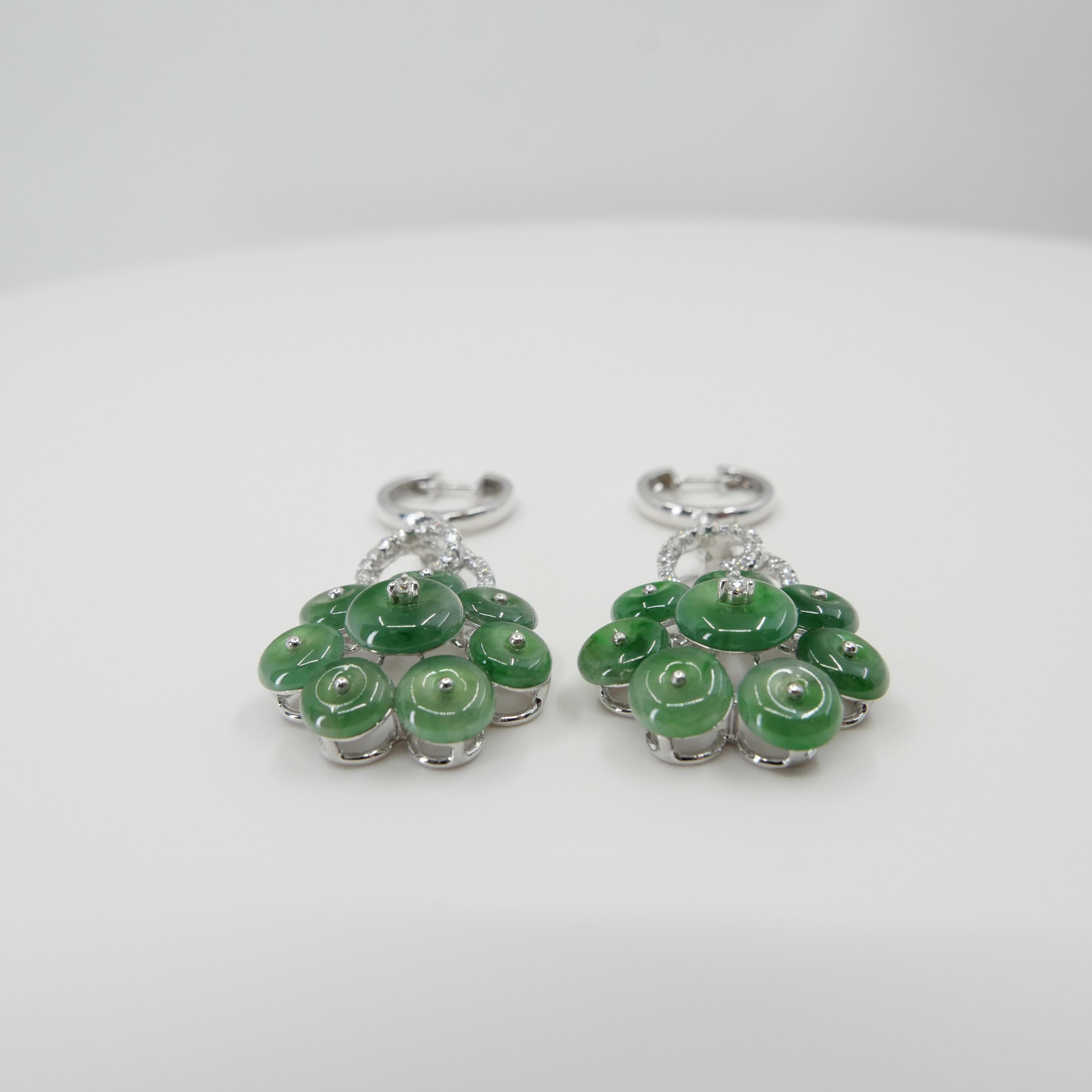 Certified Type A Cluster Icy Jade Discs & Diamond Earrings, High Translucency For Sale 2