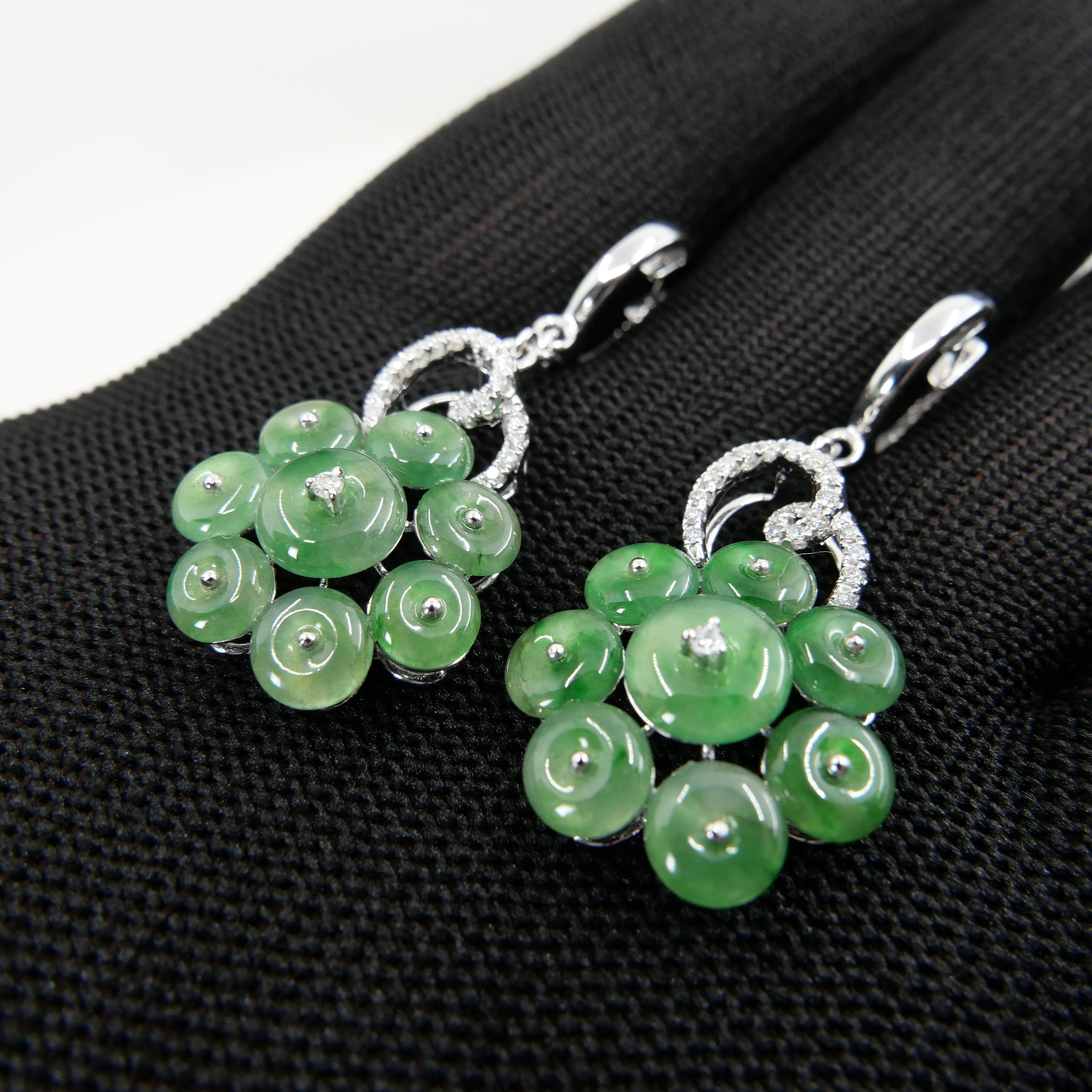 Certified Type A Cluster Icy Jade Discs & Diamond Earrings, High Translucency For Sale 4