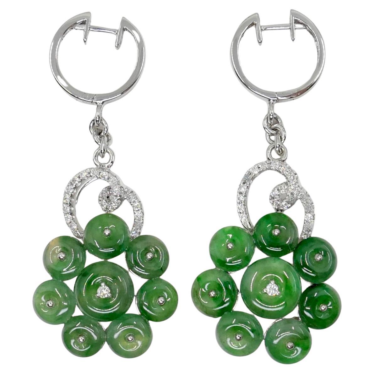 Certified Type A Cluster Icy Jade Discs & Diamond Earrings, High Translucency For Sale