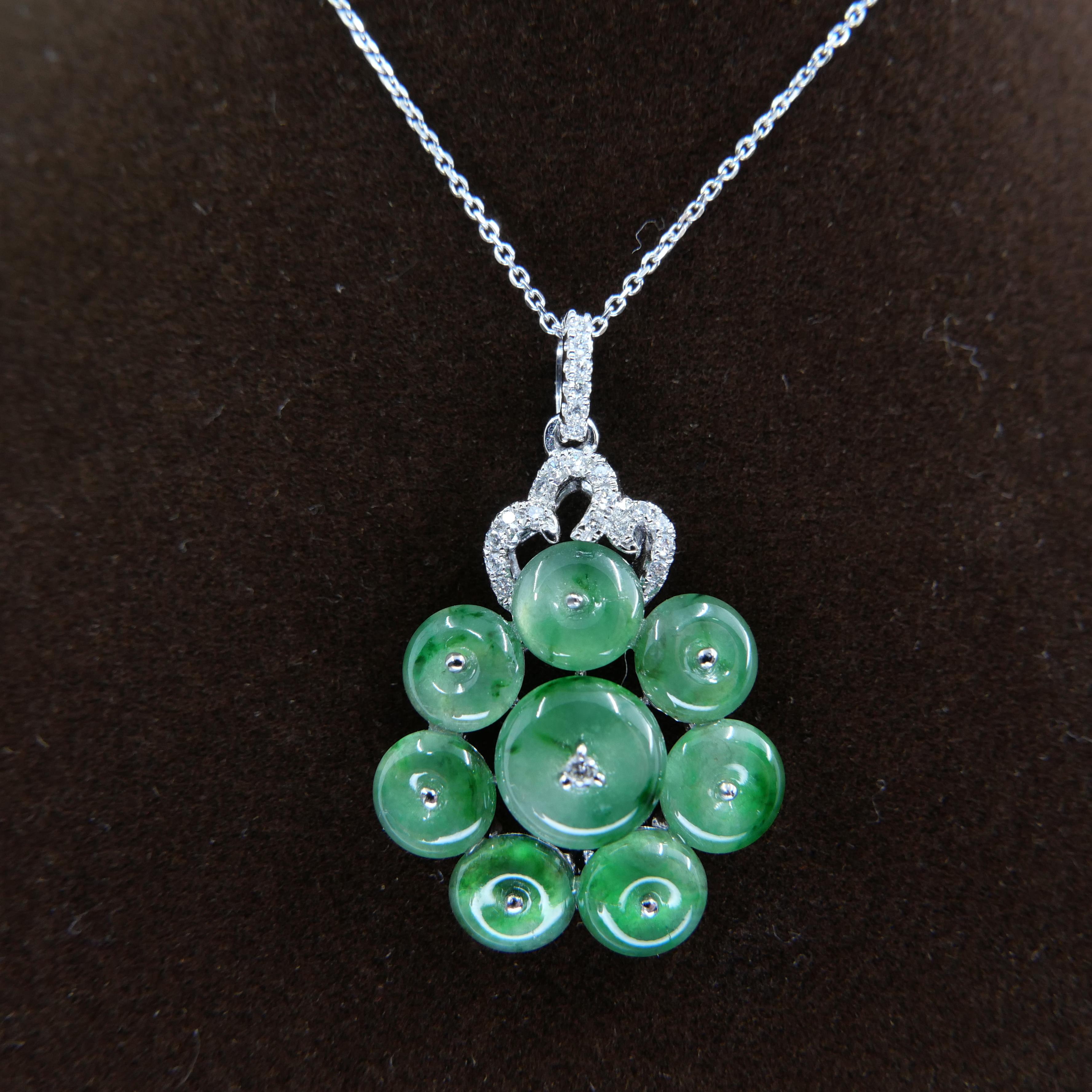 Certified Type A Cluster Icy Jade Discs & Diamond Pendant, High Translucency For Sale 5