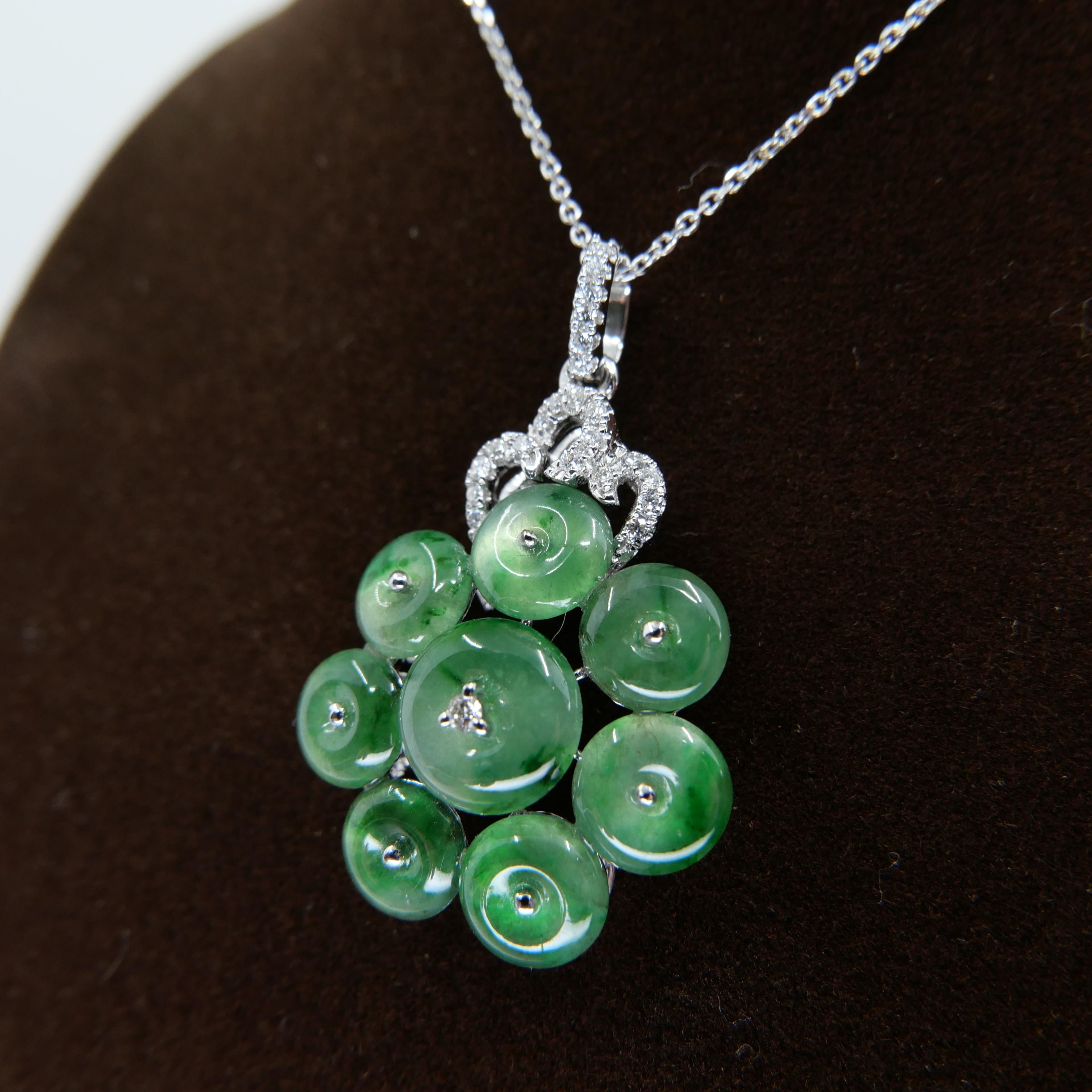 Round Cut Certified Type A Cluster Icy Jade Discs & Diamond Pendant, High Translucency For Sale