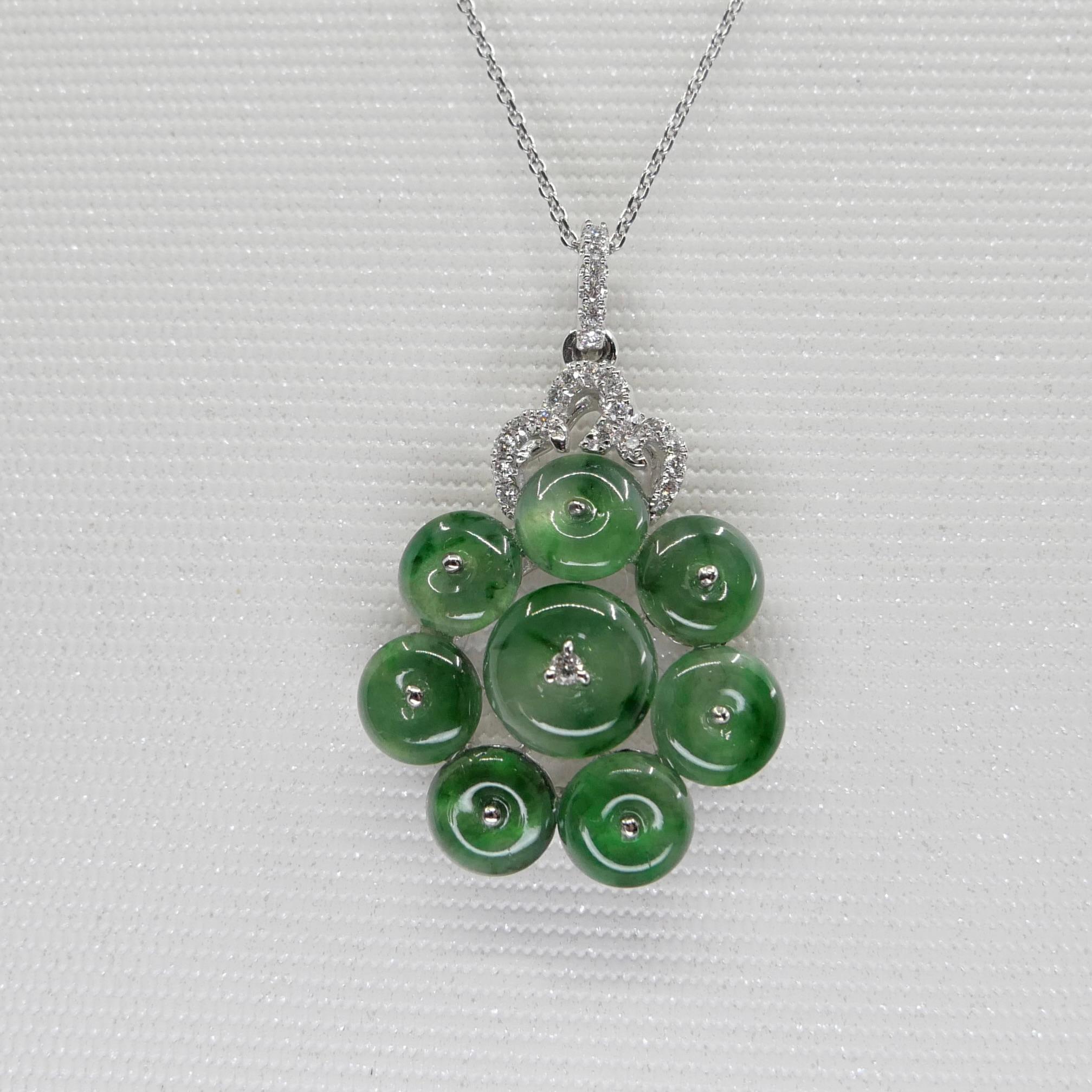 Women's Certified Type A Cluster Icy Jade Discs & Diamond Pendant, High Translucency For Sale