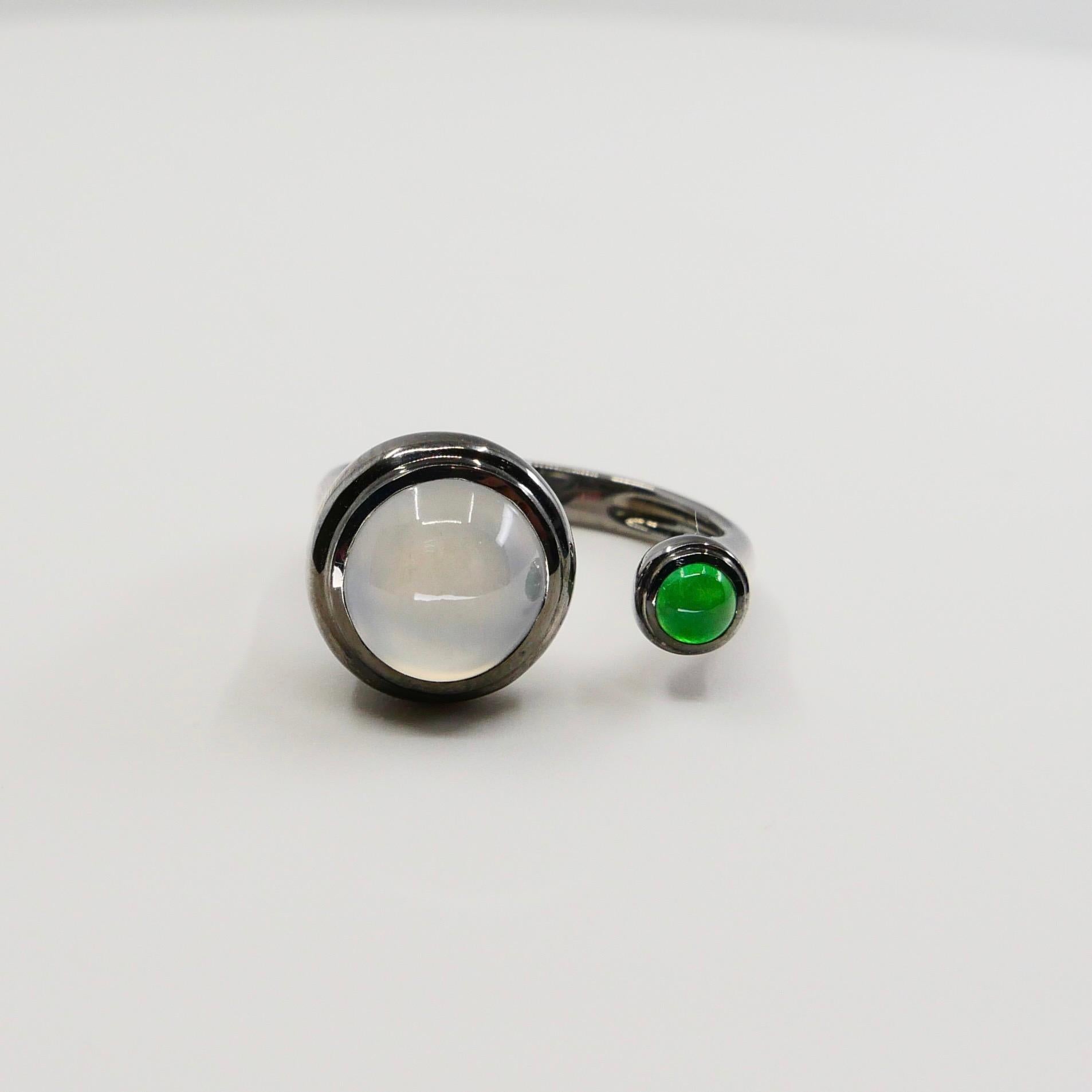 Certified Type A Icy & Apple Green Jade & 18k Gold Cocktail Ring, Black Rhodium 5