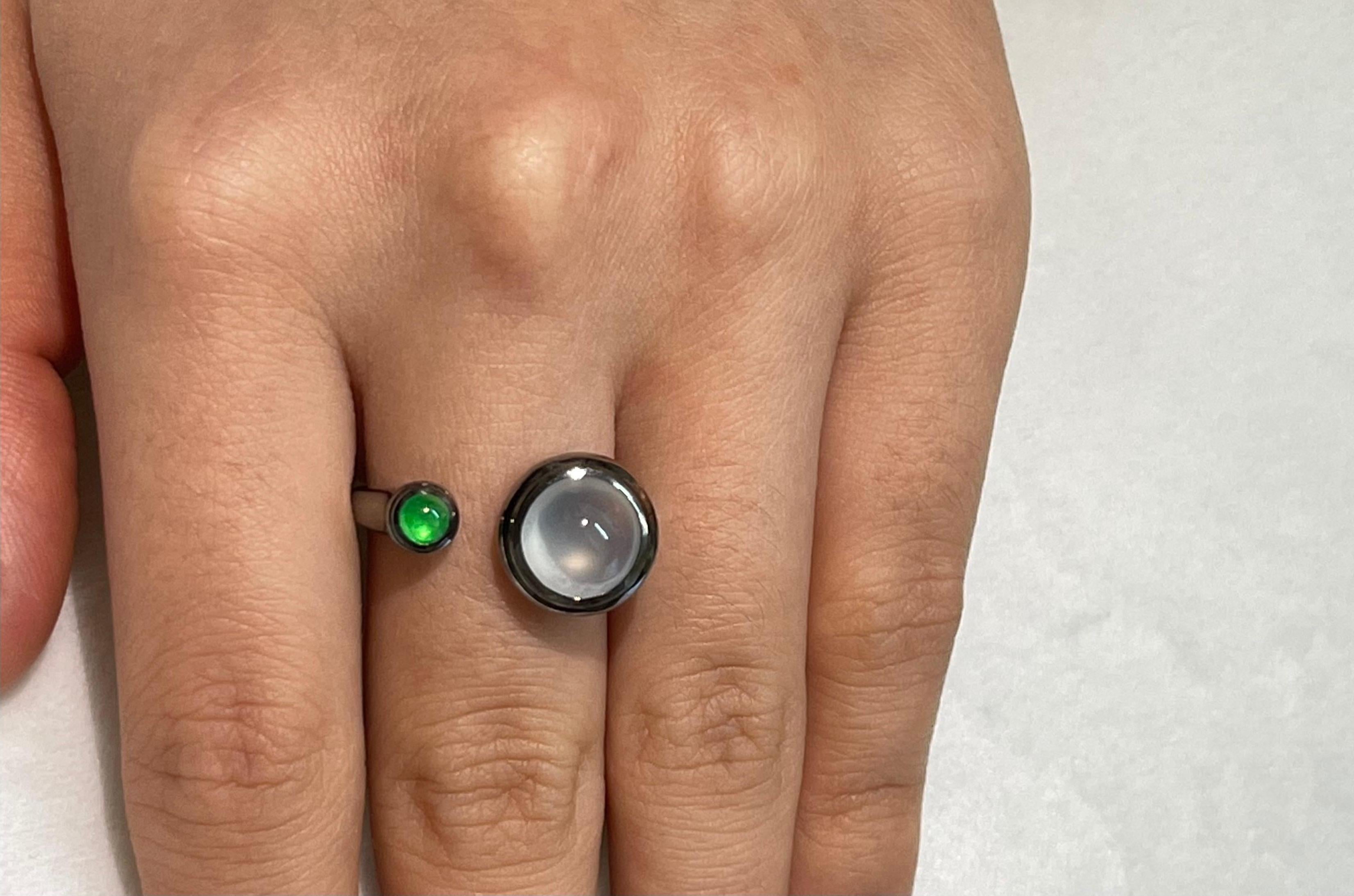 Cabochon Certified Type A Icy & Apple Green Jade & 18k Gold Cocktail Ring, Black Rhodium
