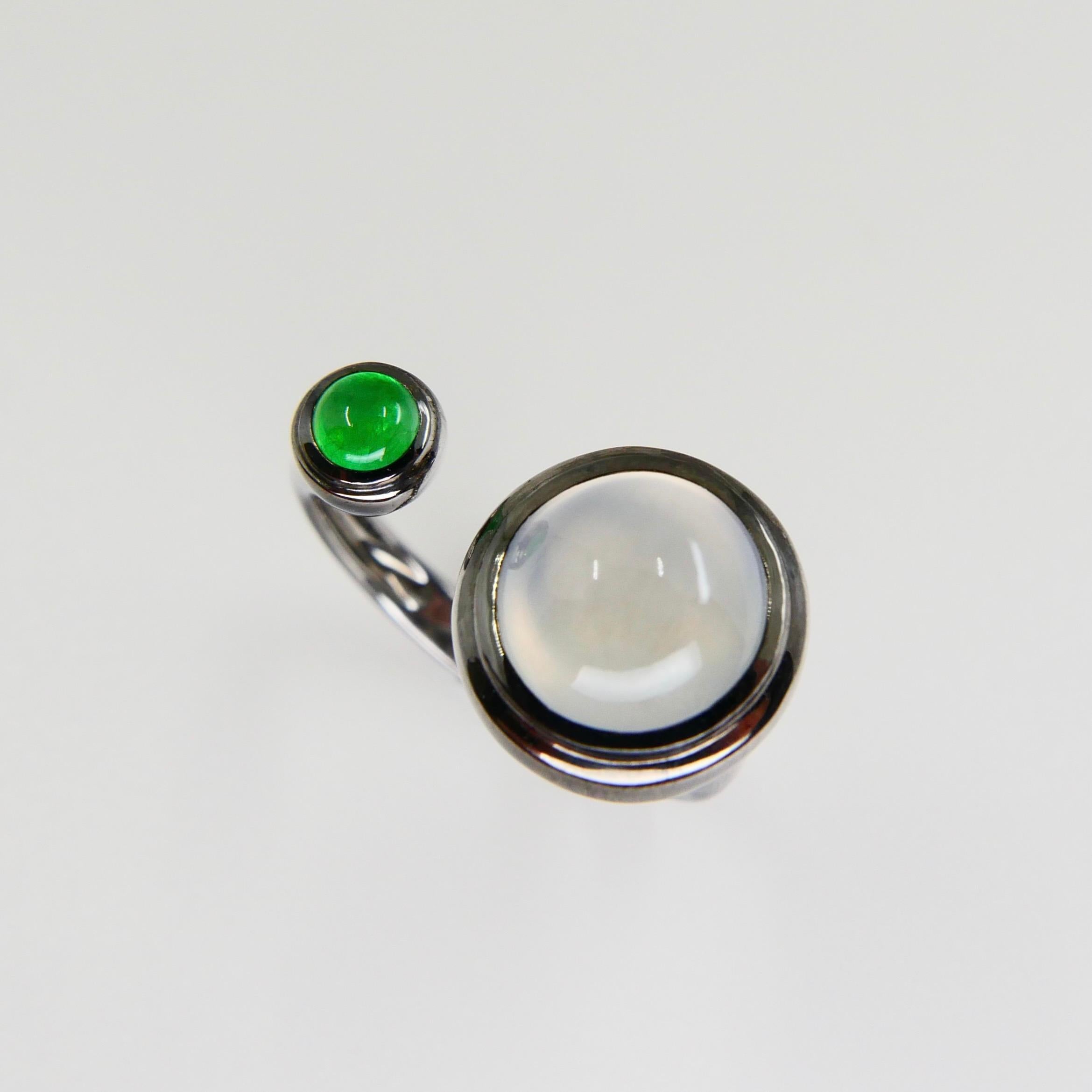 Women's Certified Type A Icy & Apple Green Jade & 18k Gold Cocktail Ring, Black Rhodium