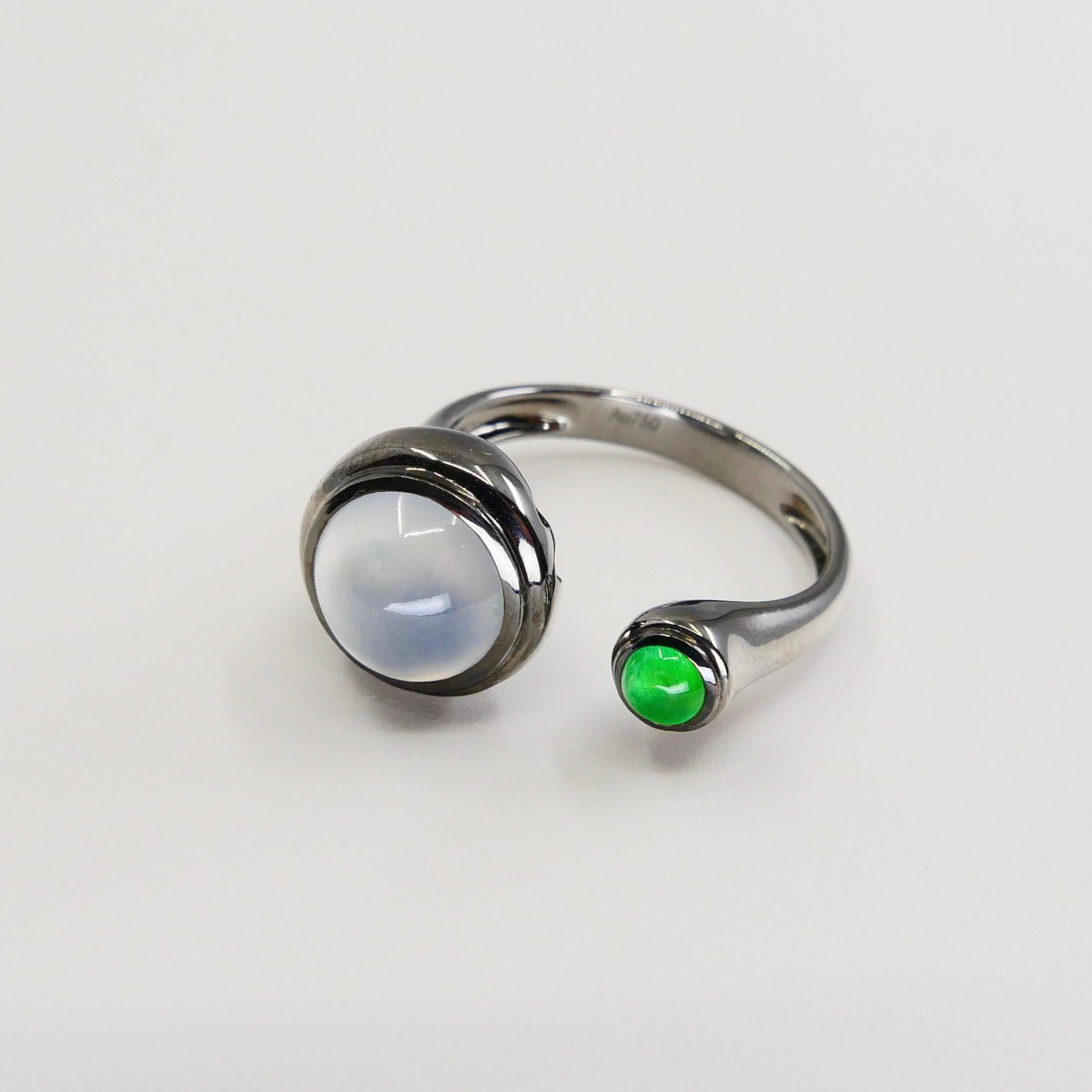 Certified Type A Icy & Apple Green Jade & 18k Gold Cocktail Ring, Black Rhodium 1
