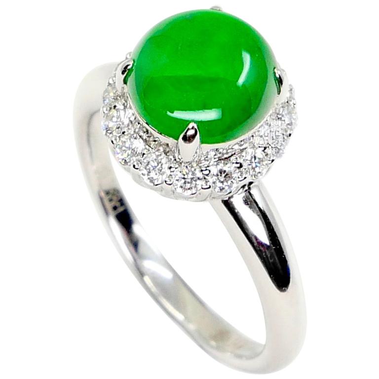 Certified Type A Icy Apple Green Jadeite Jade and Diamond Ring, Super Glow For Sale