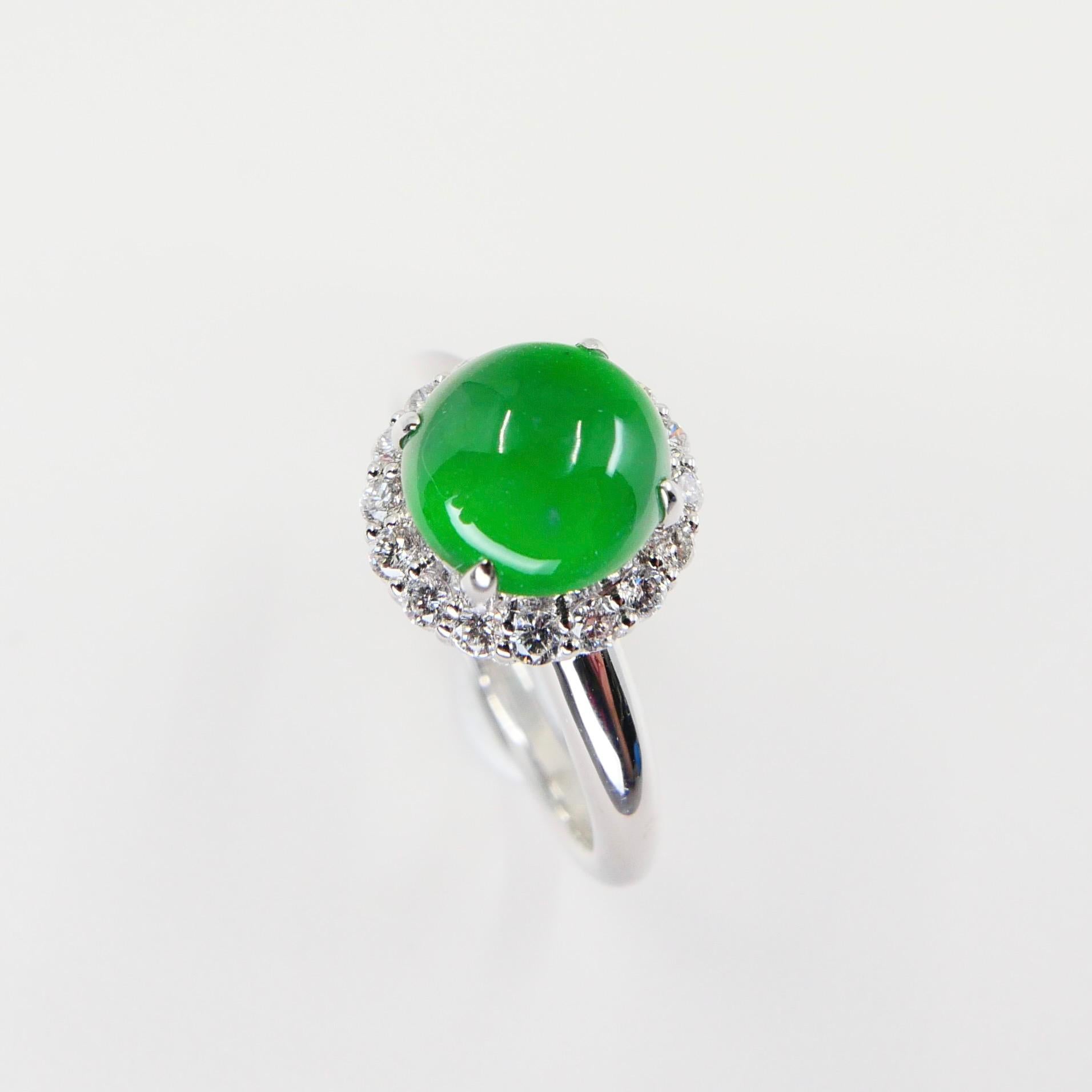 Certified Type A Icy Apple Green Jadeite Jade and Diamond Ring, Super Glow For Sale 1