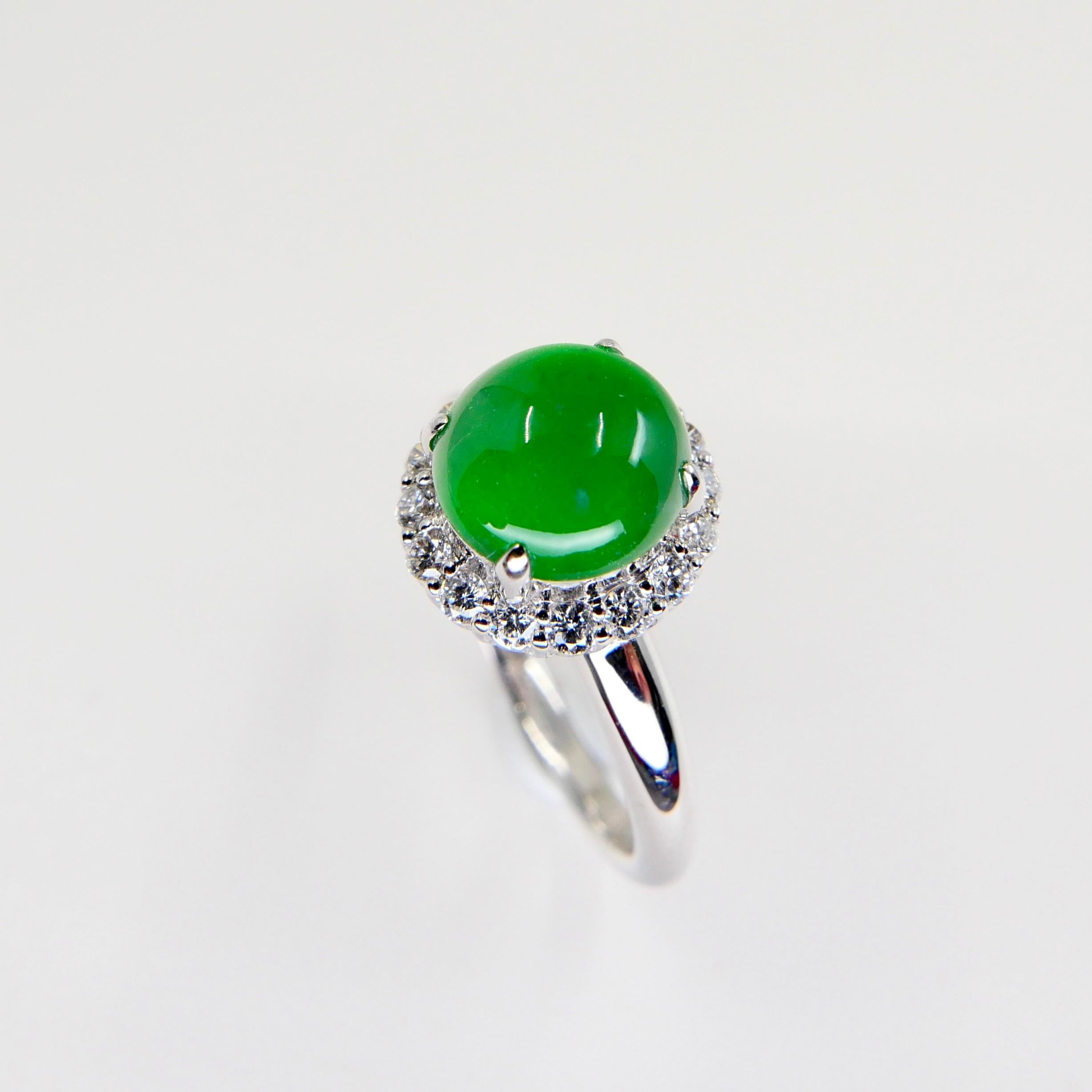 Certified Type A Icy Apple Green Jadeite Jade and Diamond Ring, Super Glow For Sale 3