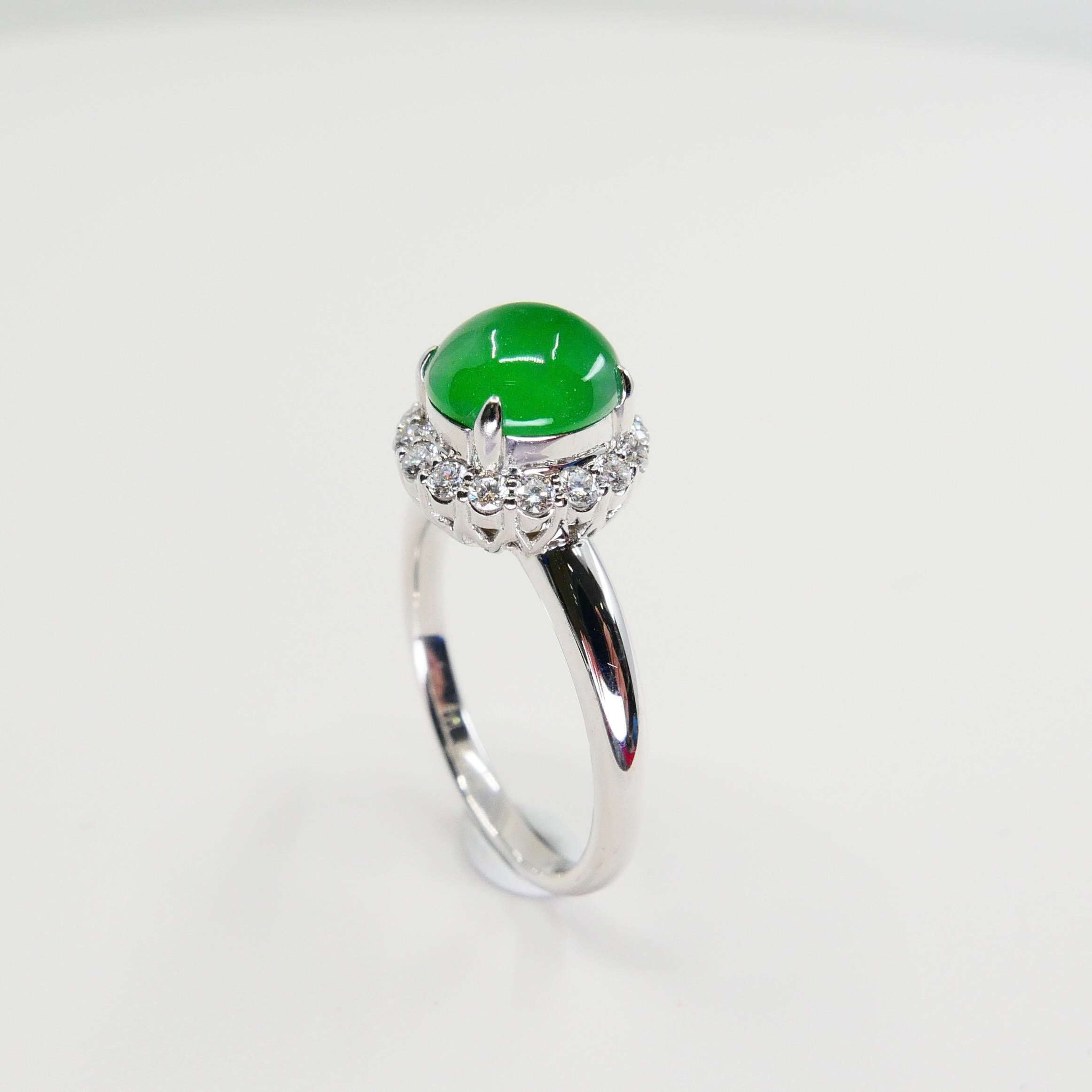 Certified Type A Icy Apple Green Jadeite Jade and Diamond Ring, Super Glow For Sale 4