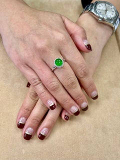 Certified Type A Icy Apple Green Jadeite Jade and Diamond Ring, Super Glow