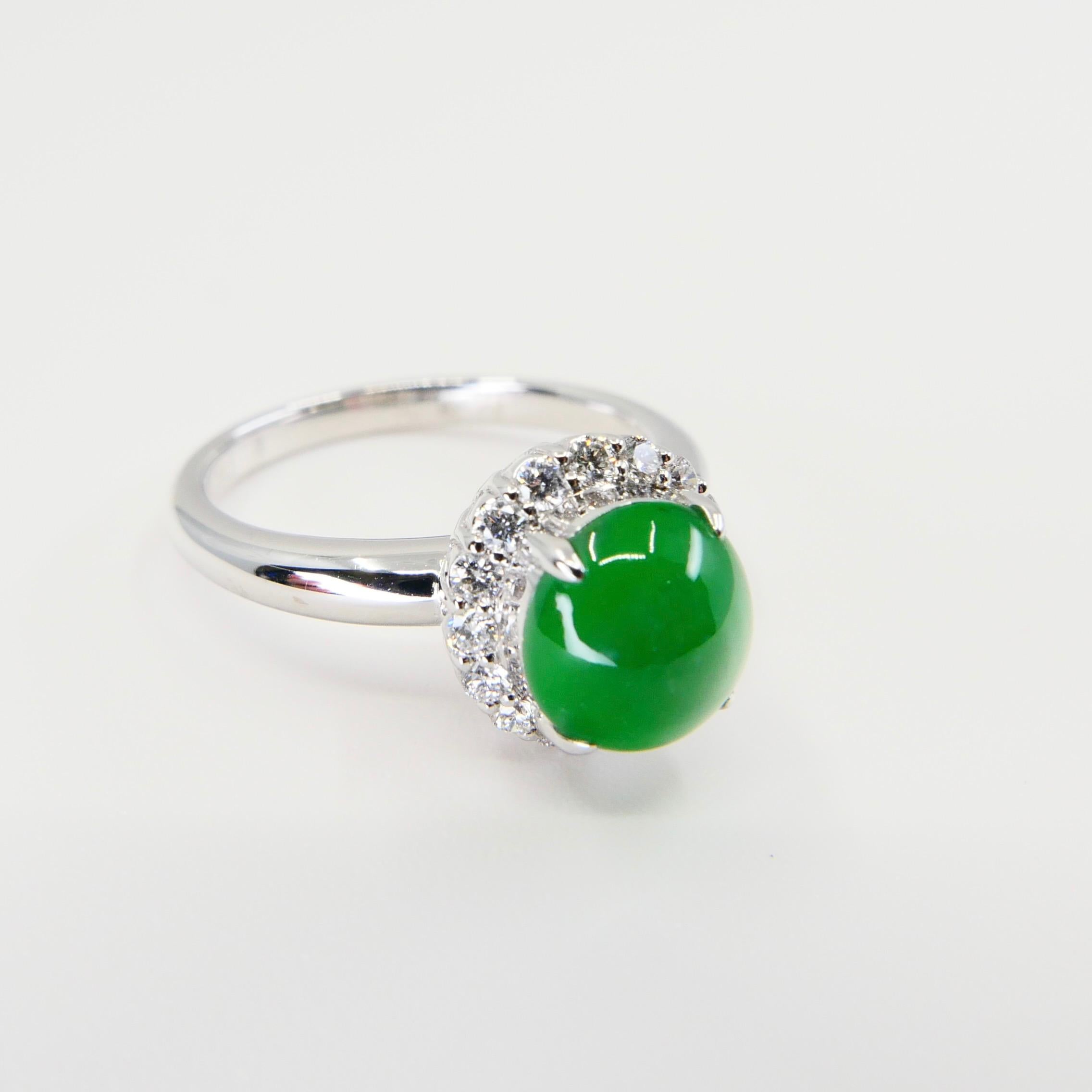 Contemporary Certified Type A Icy Apple Green Jadeite Jade and Diamond Ring, Super Glow For Sale