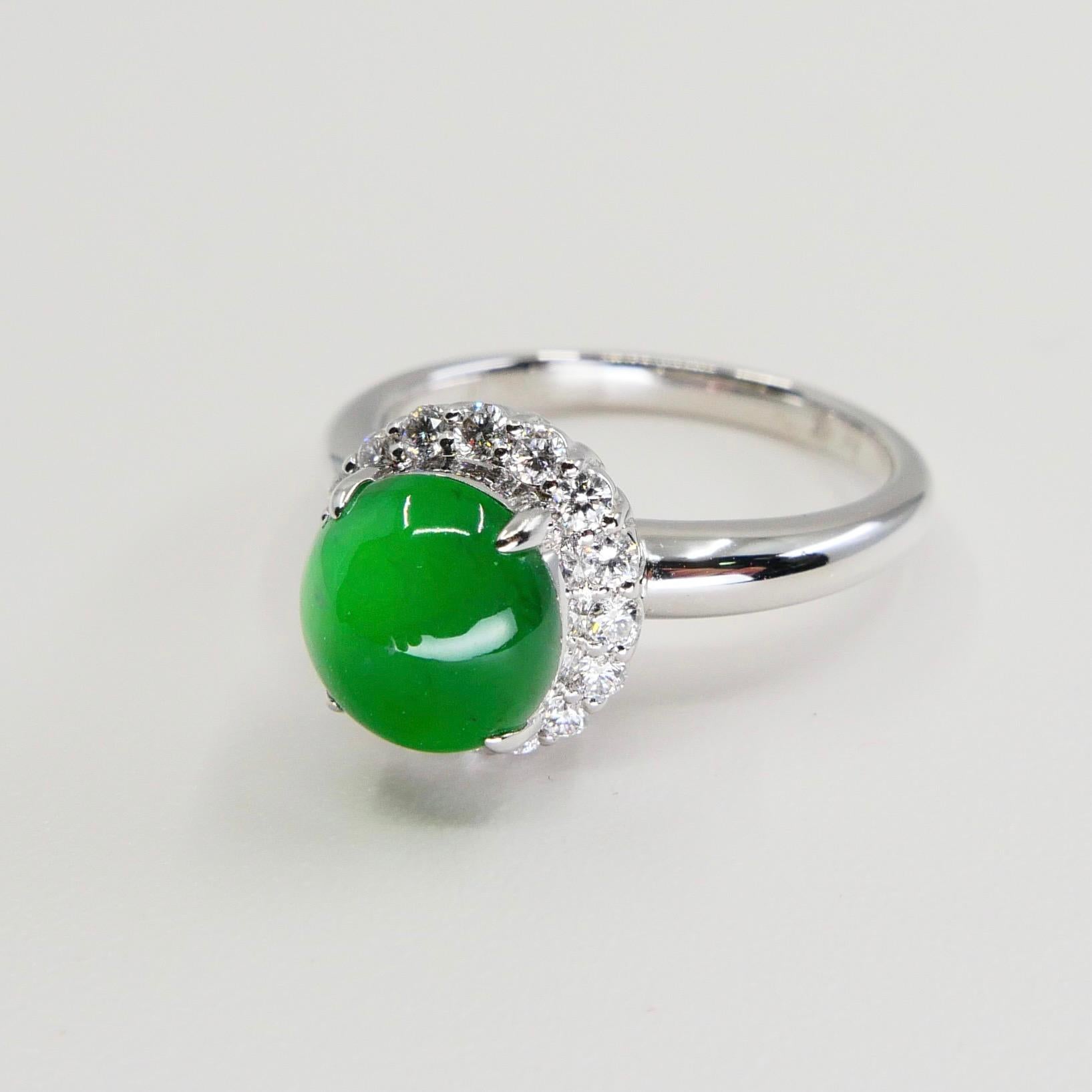 Cabochon Certified Type A Icy Apple Green Jadeite Jade and Diamond Ring, Super Glow For Sale