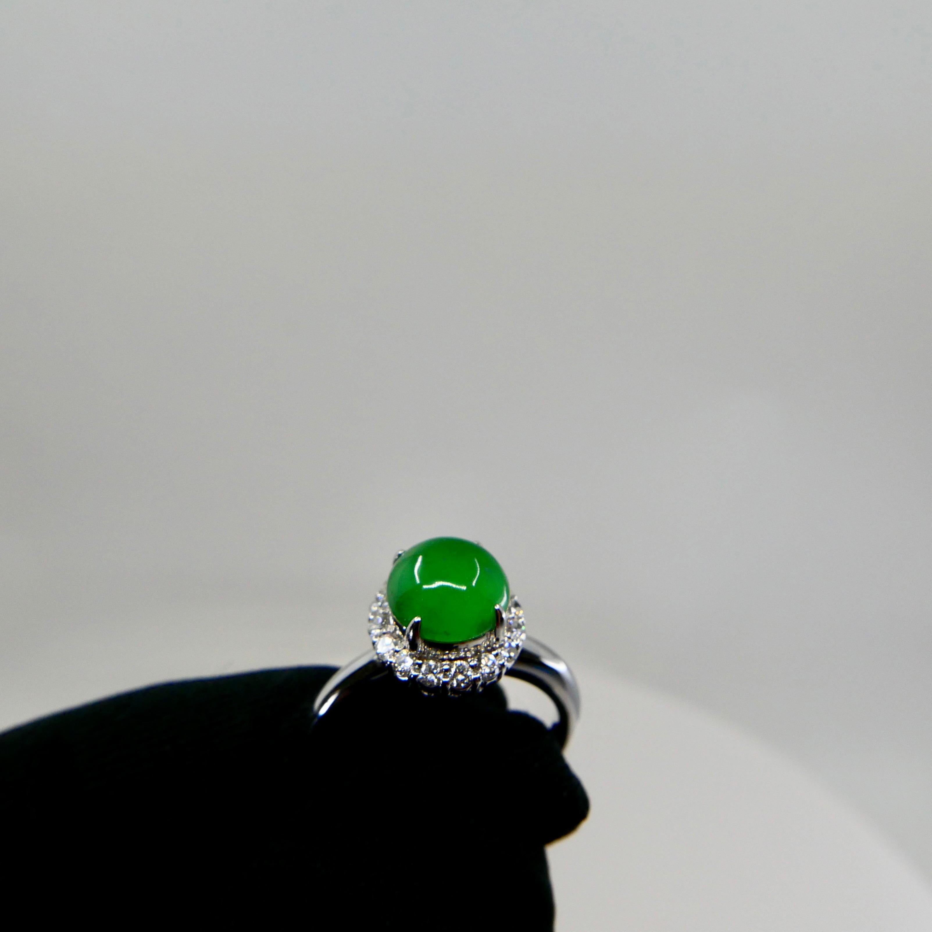 Certified Type A Icy Apple Green Jadeite Jade and Diamond Ring, Super Glow In New Condition For Sale In Hong Kong, HK