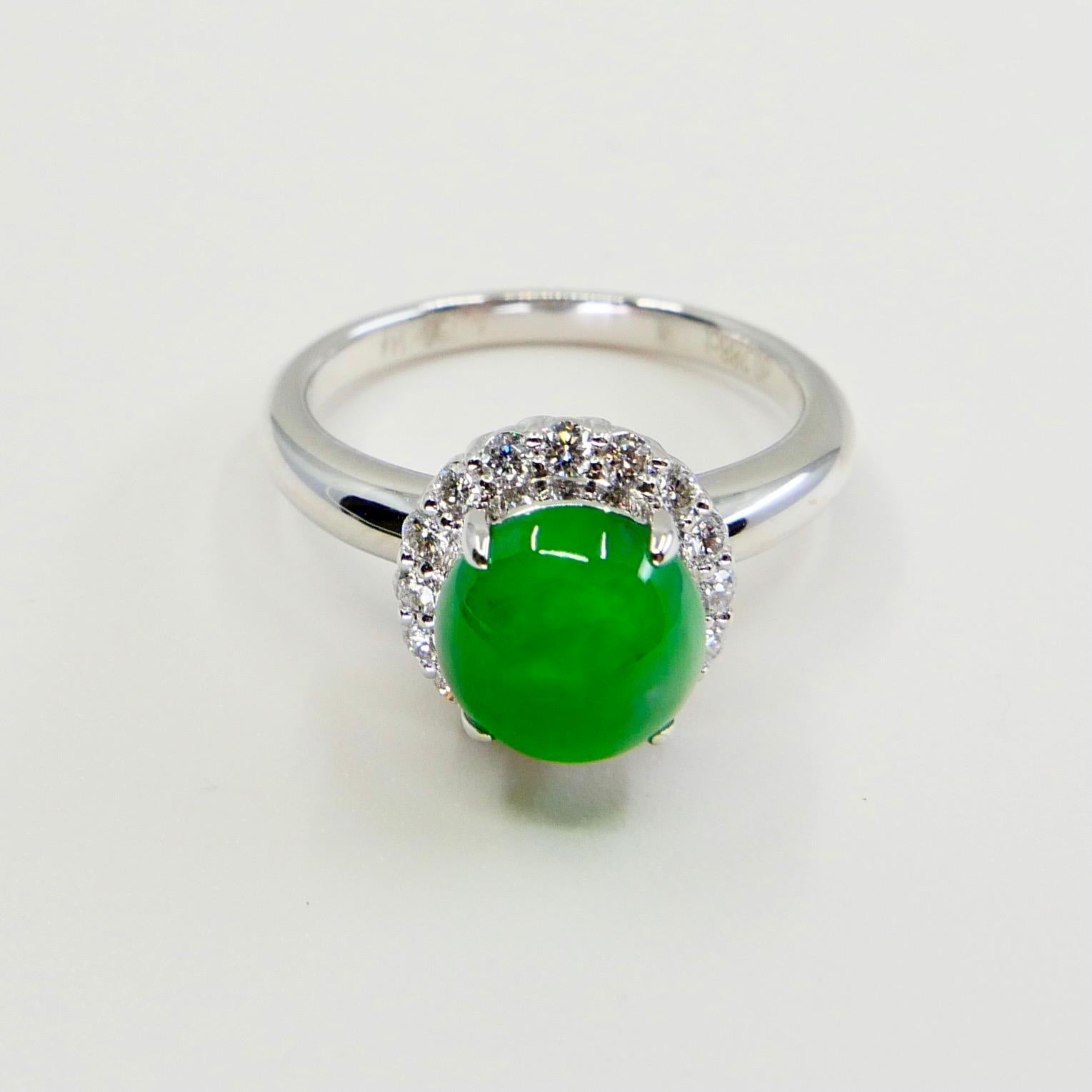 Women's Certified Type A Icy Apple Green Jadeite Jade and Diamond Ring, Super Glow For Sale