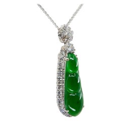 Certified Type A Icy Imperial Jade Peapod & Diamond Drop Pendant Necklace, Glows