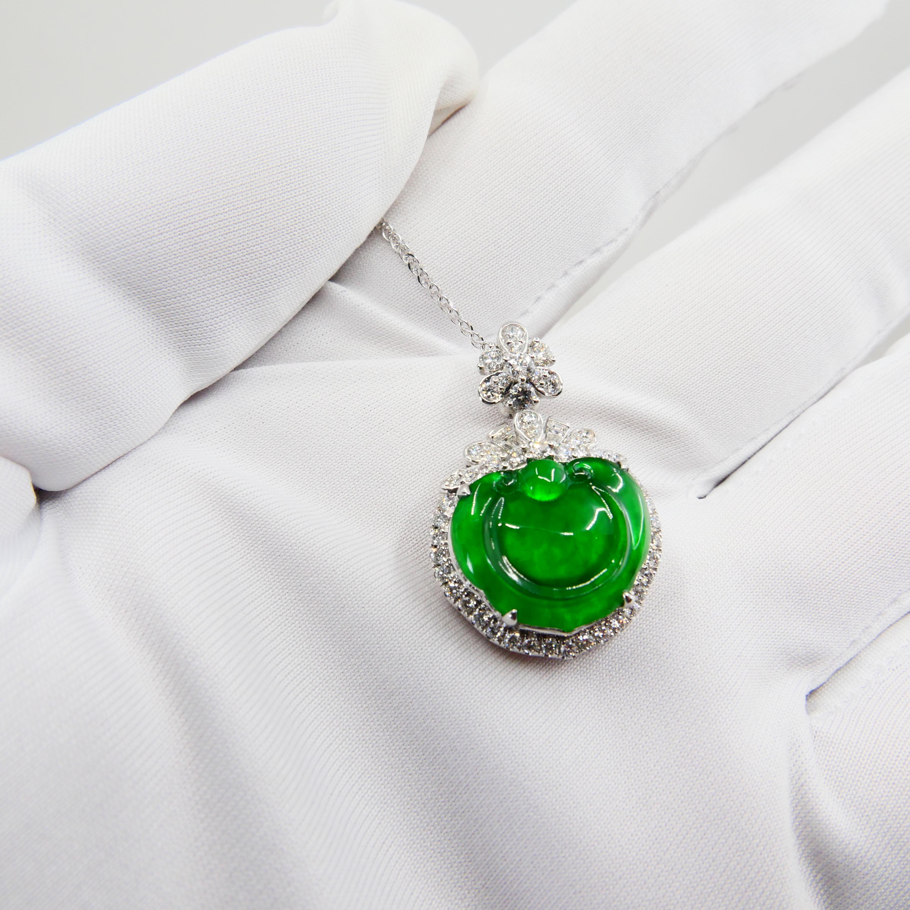 Certified Type A Icy Jade & Diamond Pendant Necklace, Glowing Apple Green Color For Sale 4