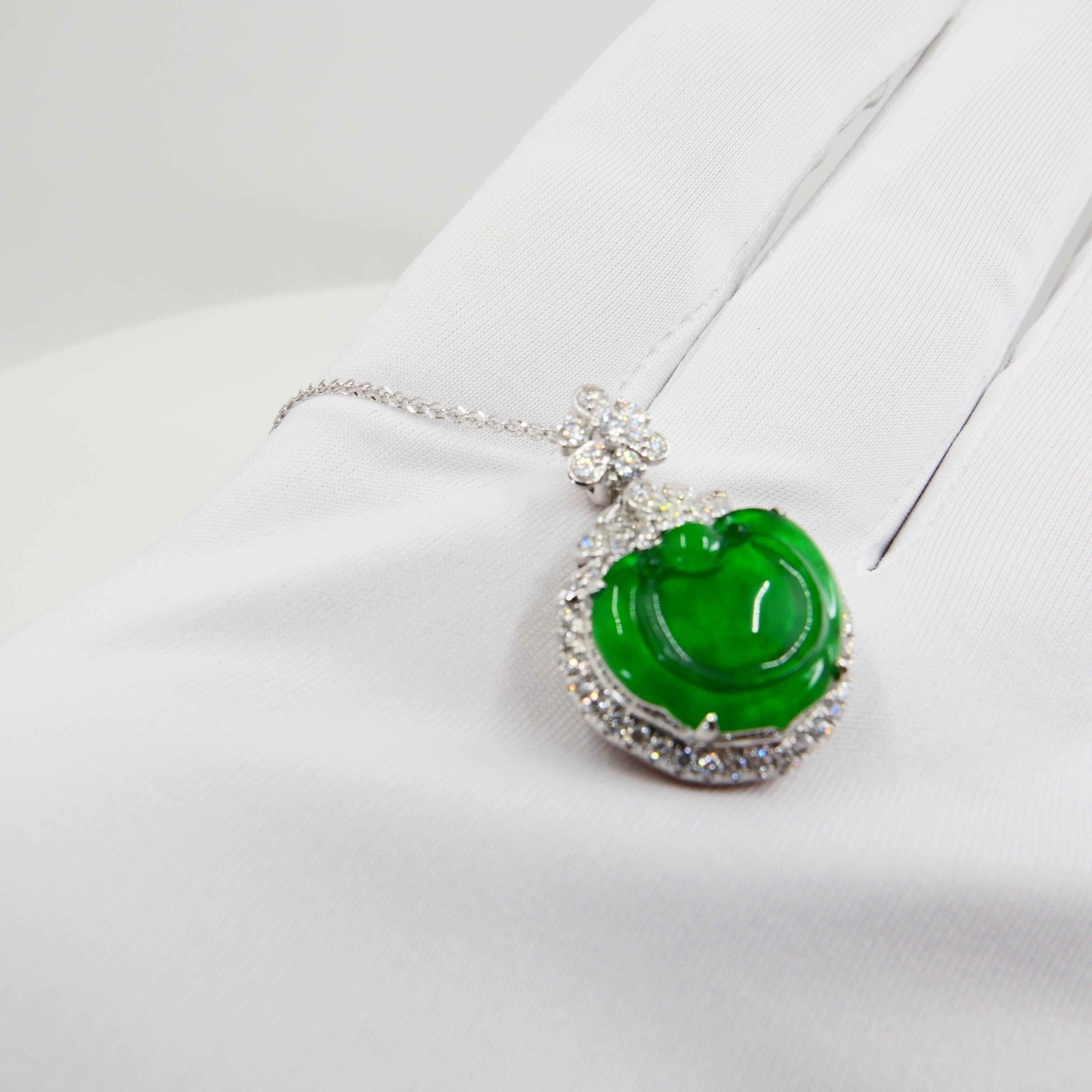 Certified Type A Icy Jade & Diamond Pendant Necklace, Glowing Apple Green Color For Sale 5