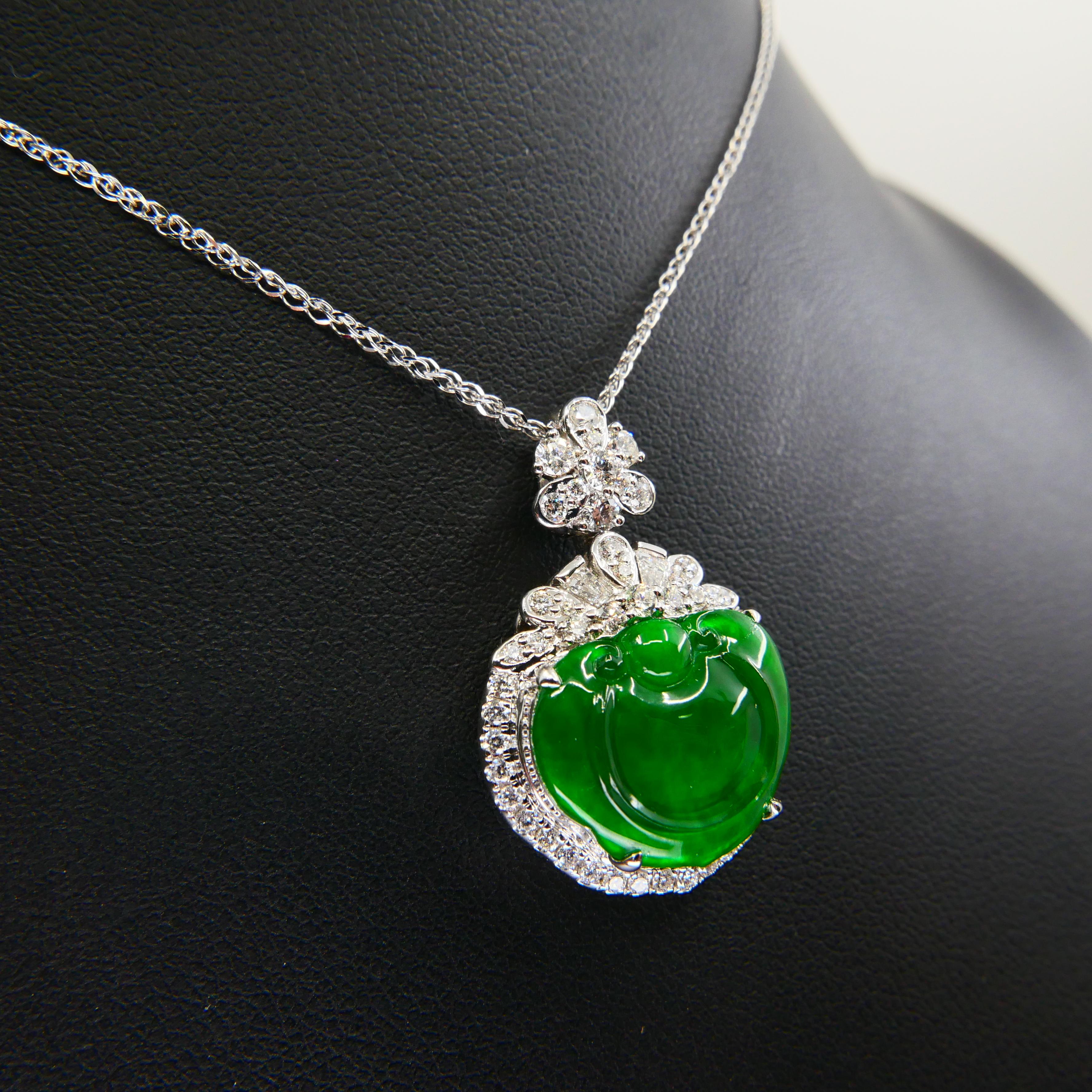 Certified Type A Icy Jade & Diamond Pendant Necklace, Glowing Apple Green Color For Sale 7