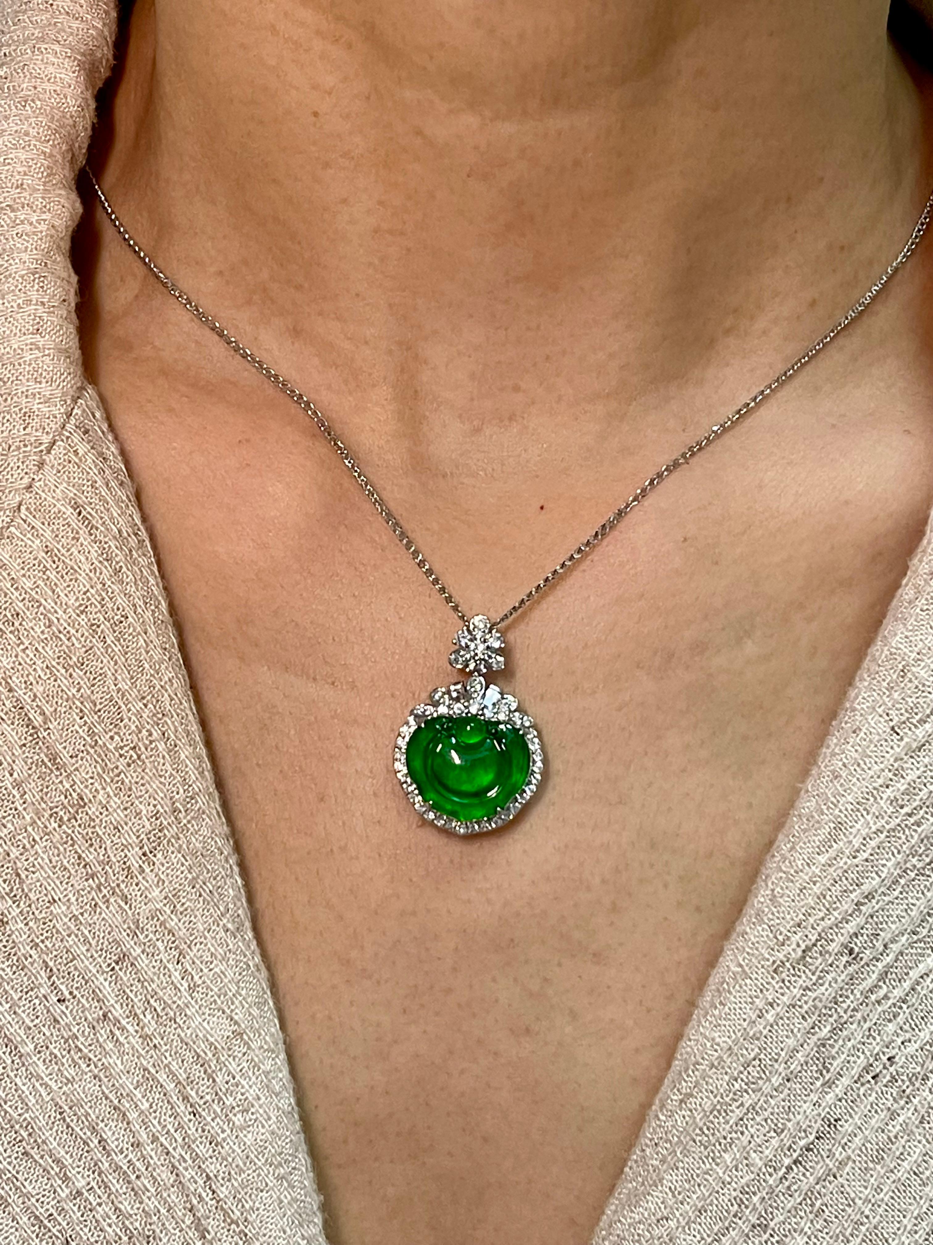 Certified Type A Icy Jade & Diamond Pendant Necklace, Glowing Apple Green Color For Sale 8