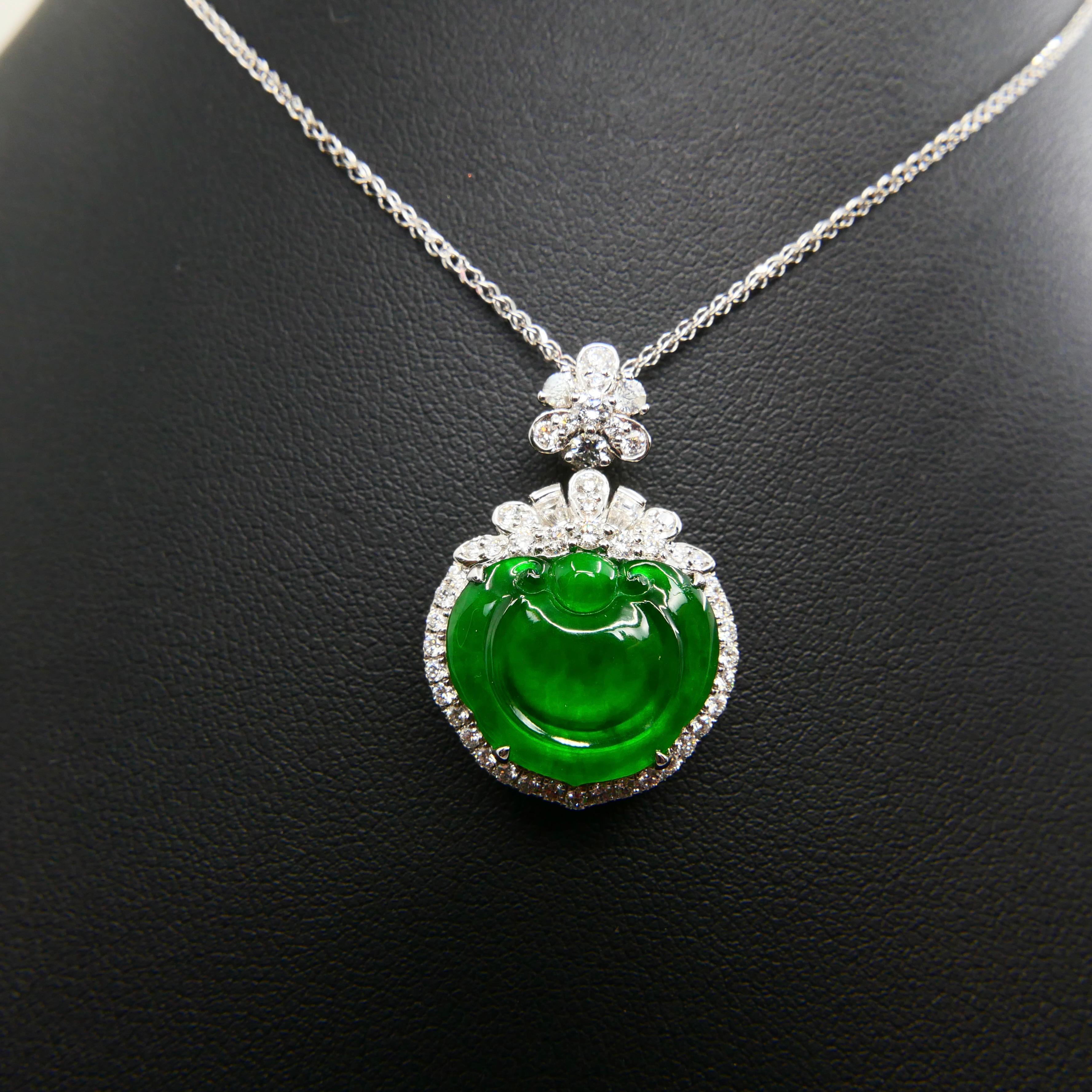 Certified Type A Icy Jade & Diamond Pendant Necklace, Glowing Apple Green Color For Sale 9