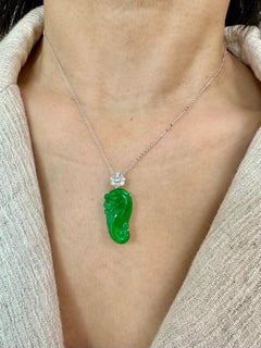 Certified Type A Icy Jade & Diamond Pendant Necklace, Glowing Apple Green Color