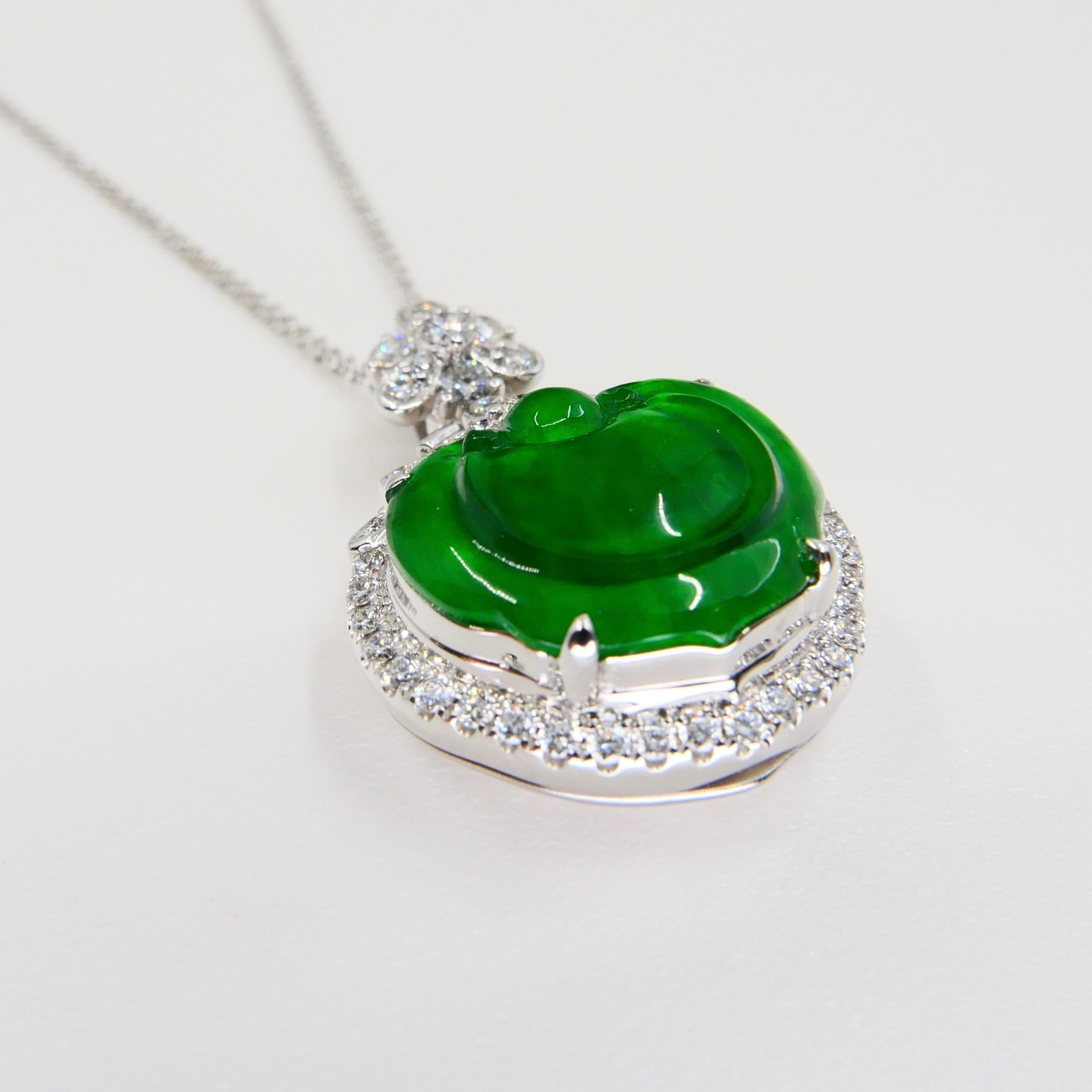Certified Type A Icy Jade & Diamond Pendant Necklace, Glowing Apple Green Color For Sale 1