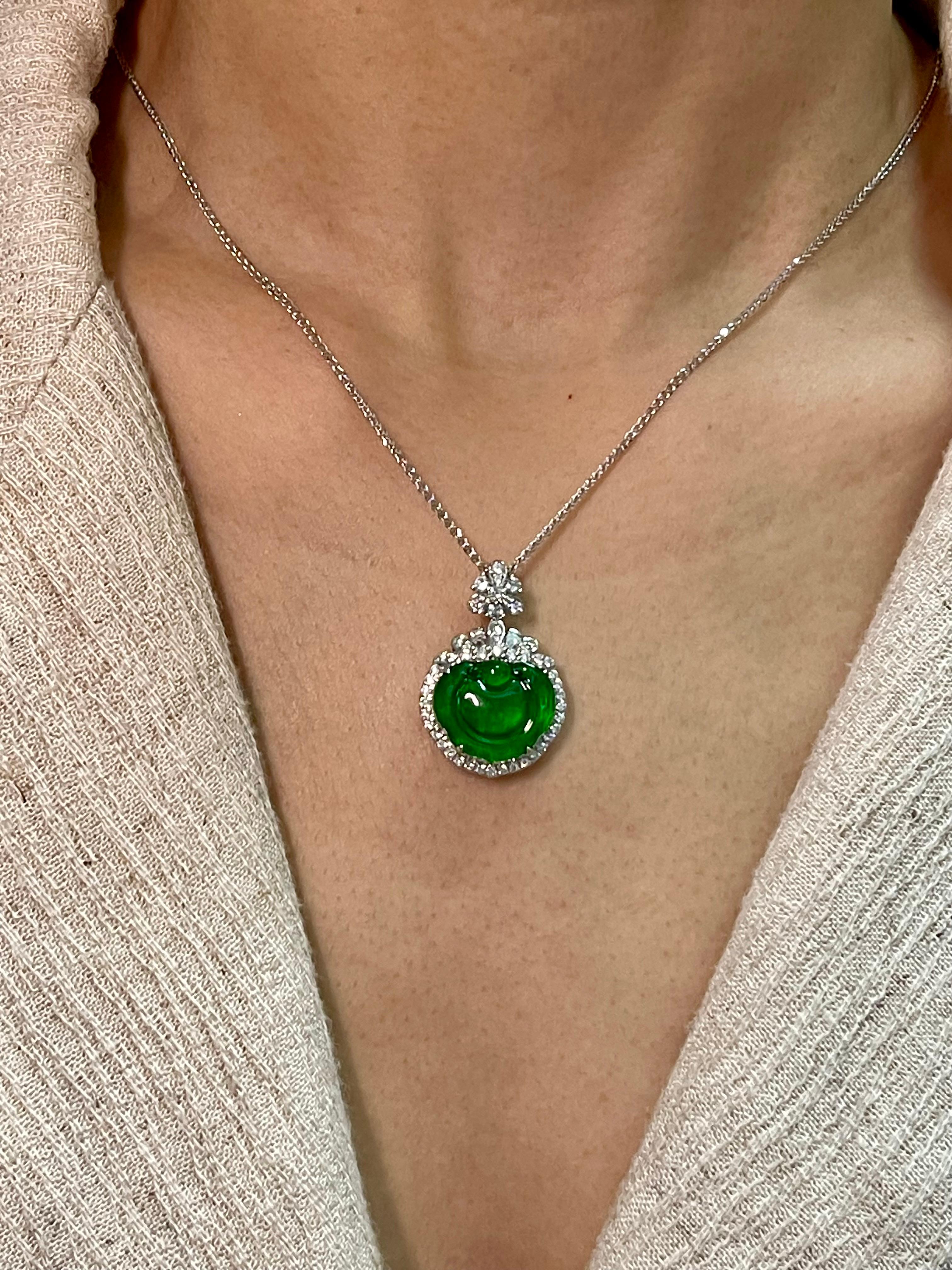 Certified Type A Icy Jade & Diamond Pendant Necklace, Glowing Apple Green Color For Sale 2