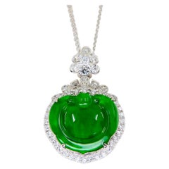 Collier pendentif certifié Type A en jade glacé et diamants, couleur vert pomme brillant