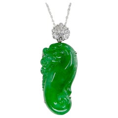Certified Type A Icy Jade & Diamond Pendant Necklace, Glowing Apple Green Color