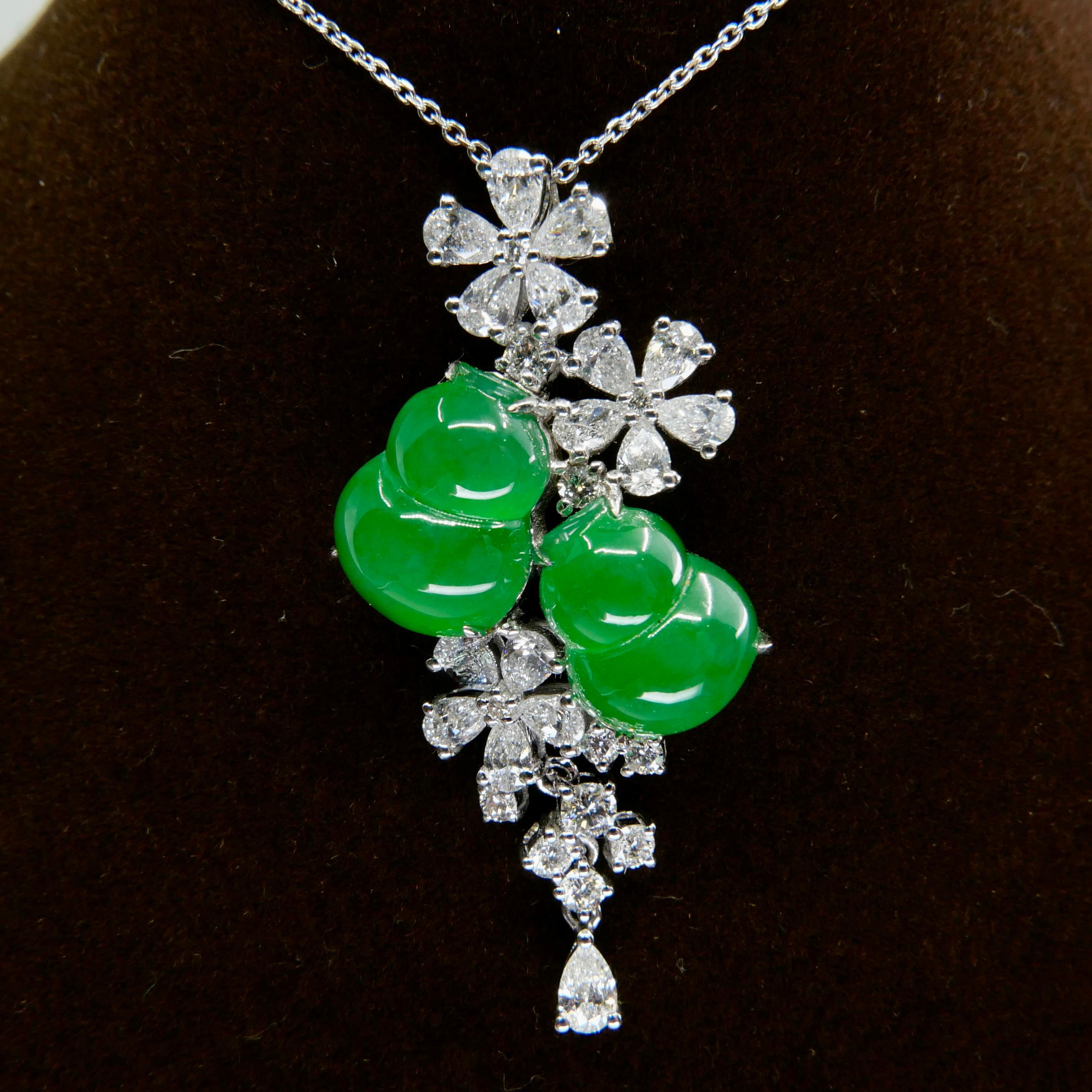 Rough Cut Certified Type A Icy Jade Gourd Diamond Pendant Necklace, Intense Apple Green For Sale