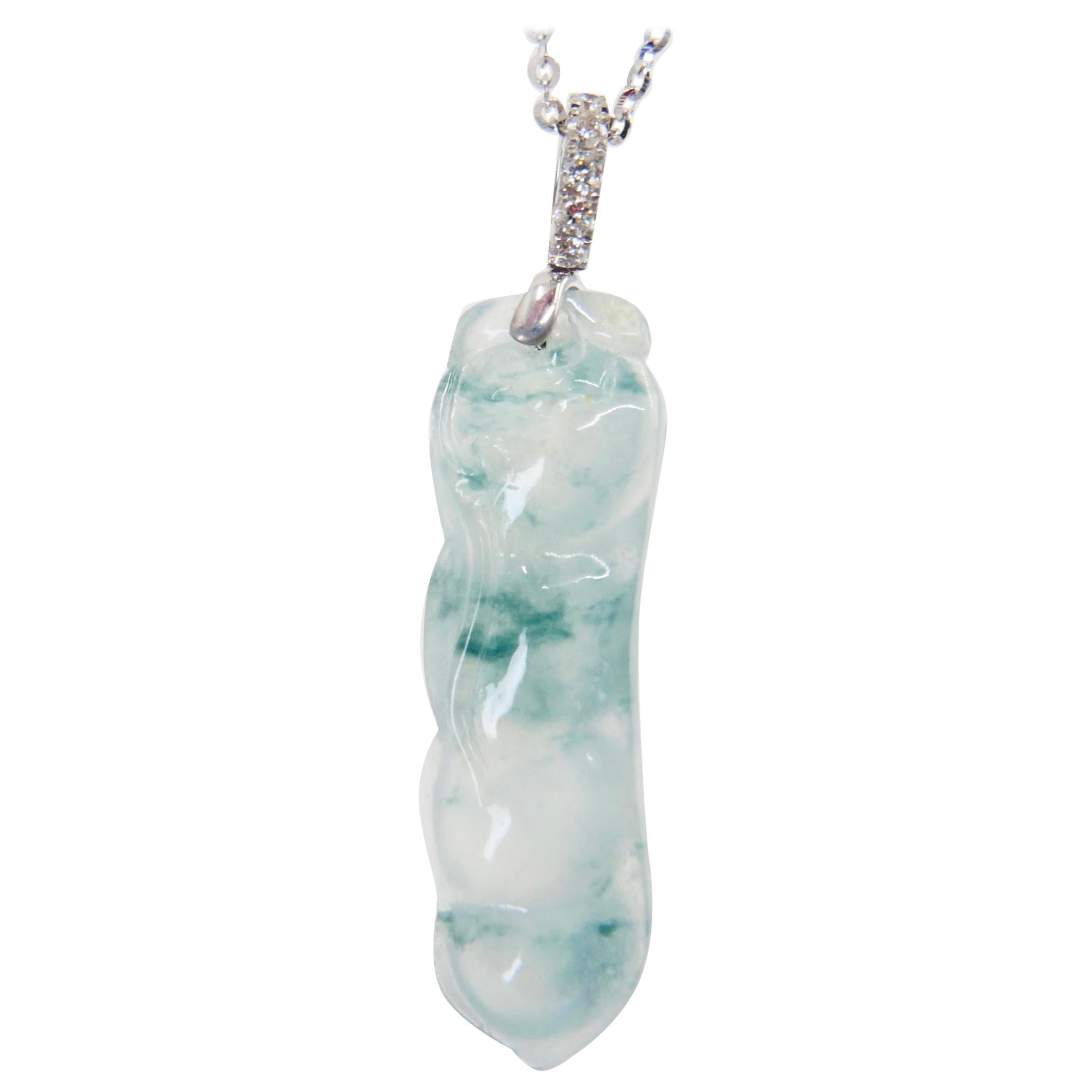 Certified Type A Icy Peapod Jade and Diamond Drop Necklace Pendant, Green Veins