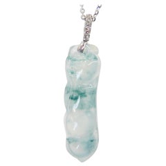 Certified Type A Icy Peapod Jade and Diamond Drop Necklace Pendant, Green Veins