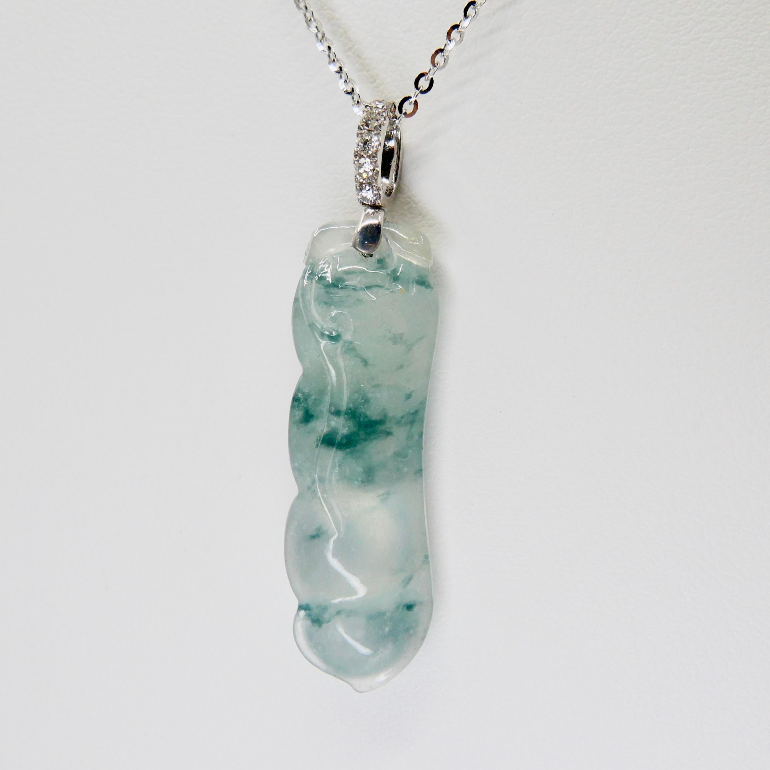Certified Type A Icy Peapod Jade and Diamond Drop Necklace Pendant, Green Veins 5