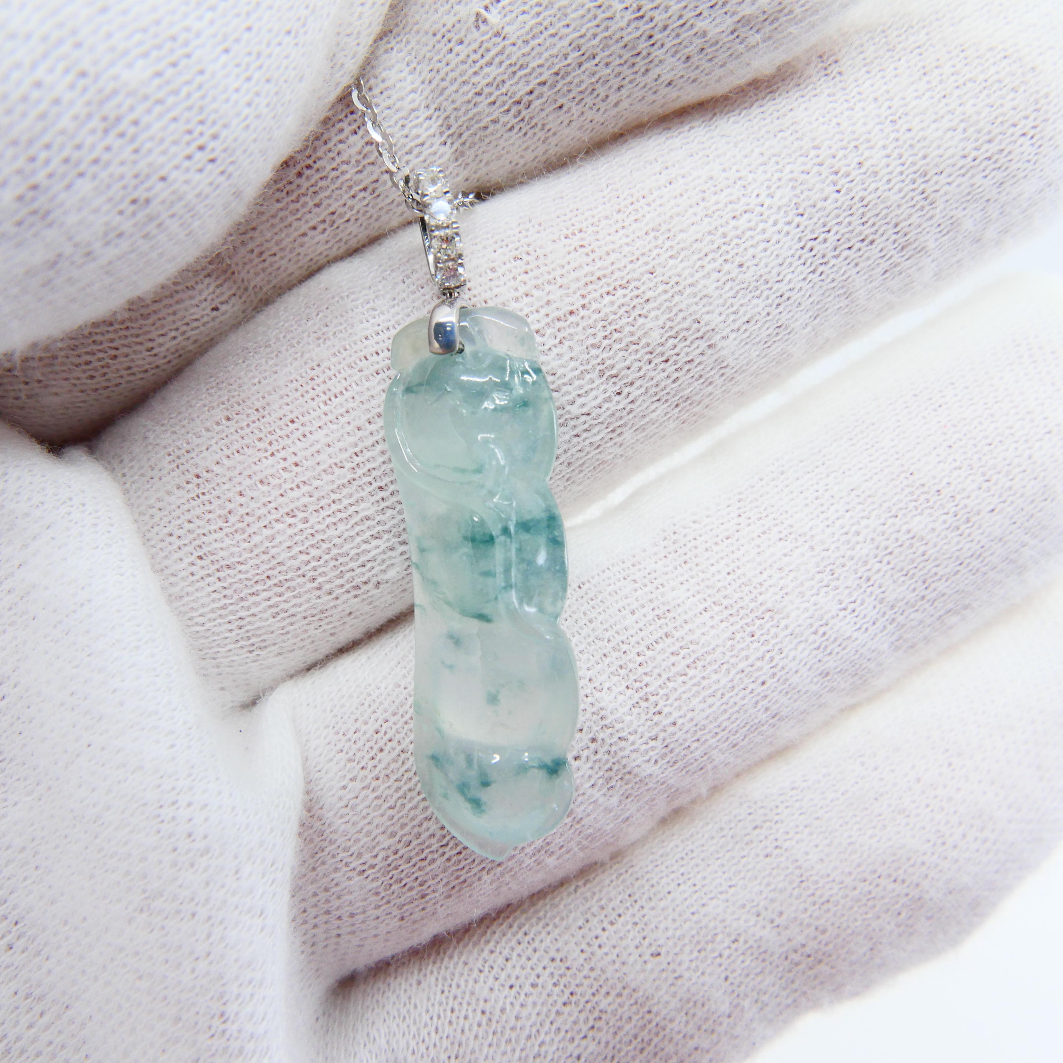 Rough Cut Certified Type A Icy Peapod Jade and Diamond Drop Necklace Pendant, Green Veins