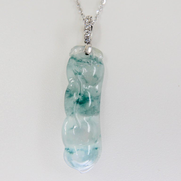 Certified Type A Icy Peapod Jade and Diamond Drop Necklace Pendant ...
