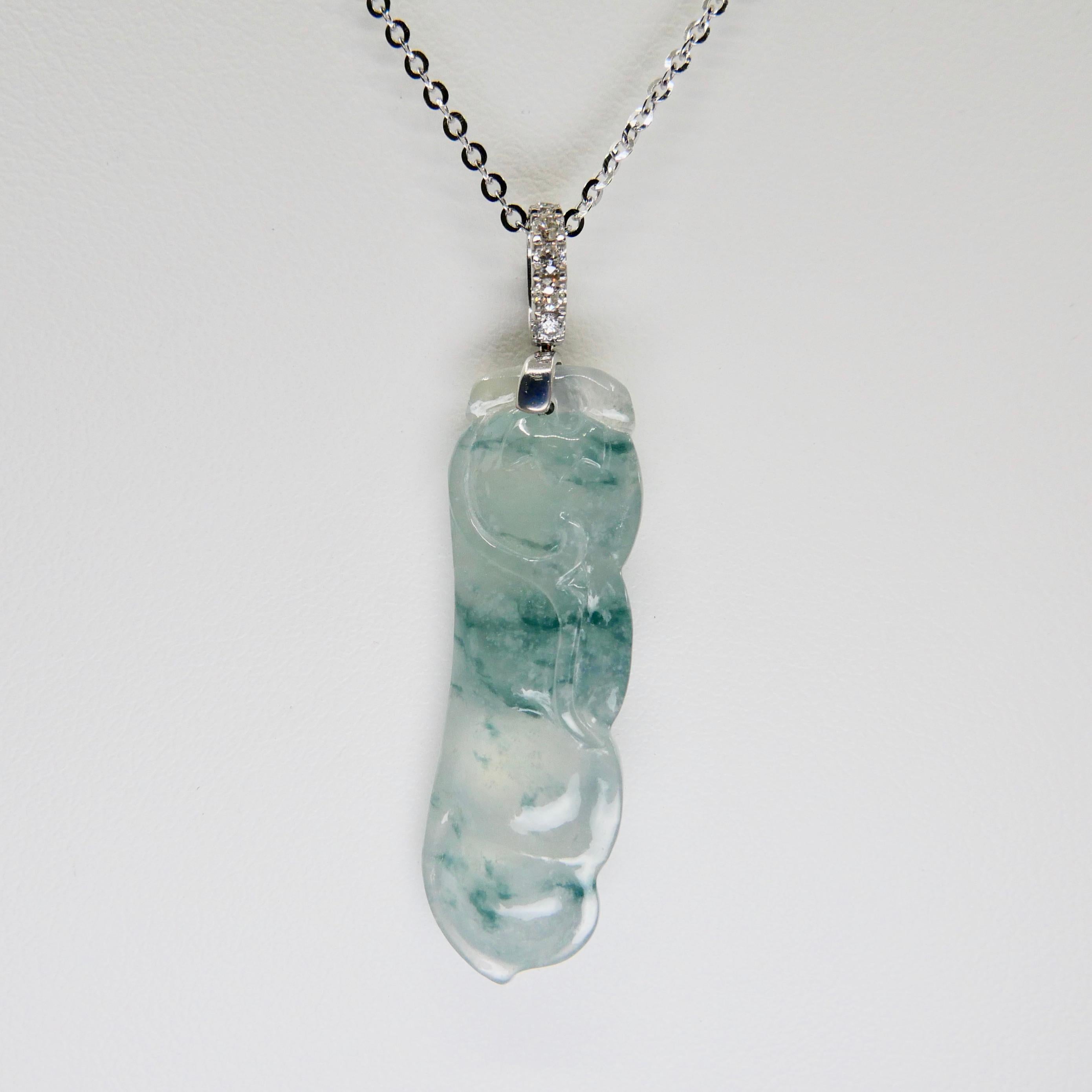 Certified Type A Icy Peapod Jade and Diamond Drop Necklace Pendant, Green Veins 2