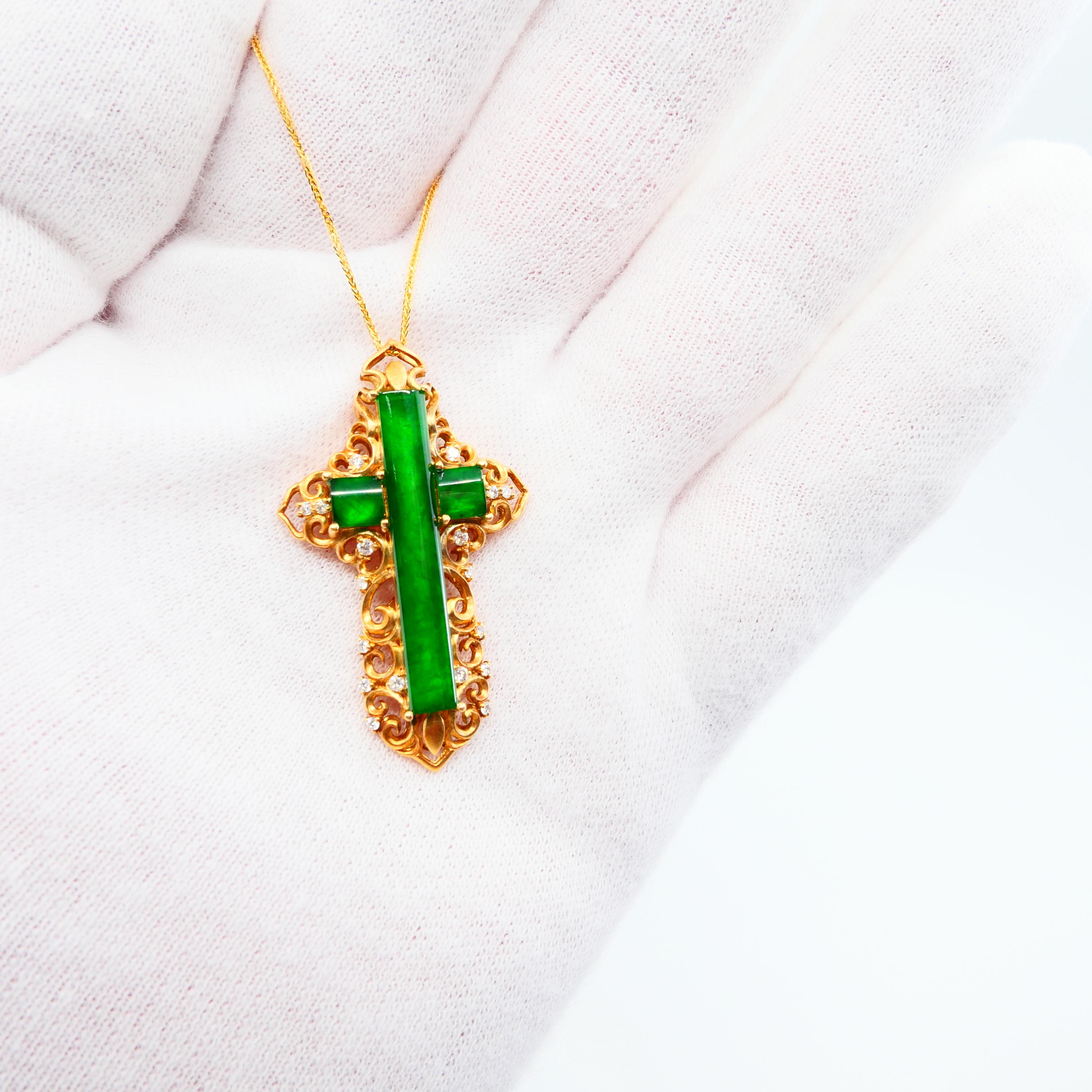Certified Type A Jade Diamond Cross Pendant Drop Necklace, Intense Vivid Green 3