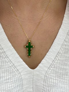 Certified Type A Jade Diamond Cross Pendant Drop Necklace, Intense Vivid Green
