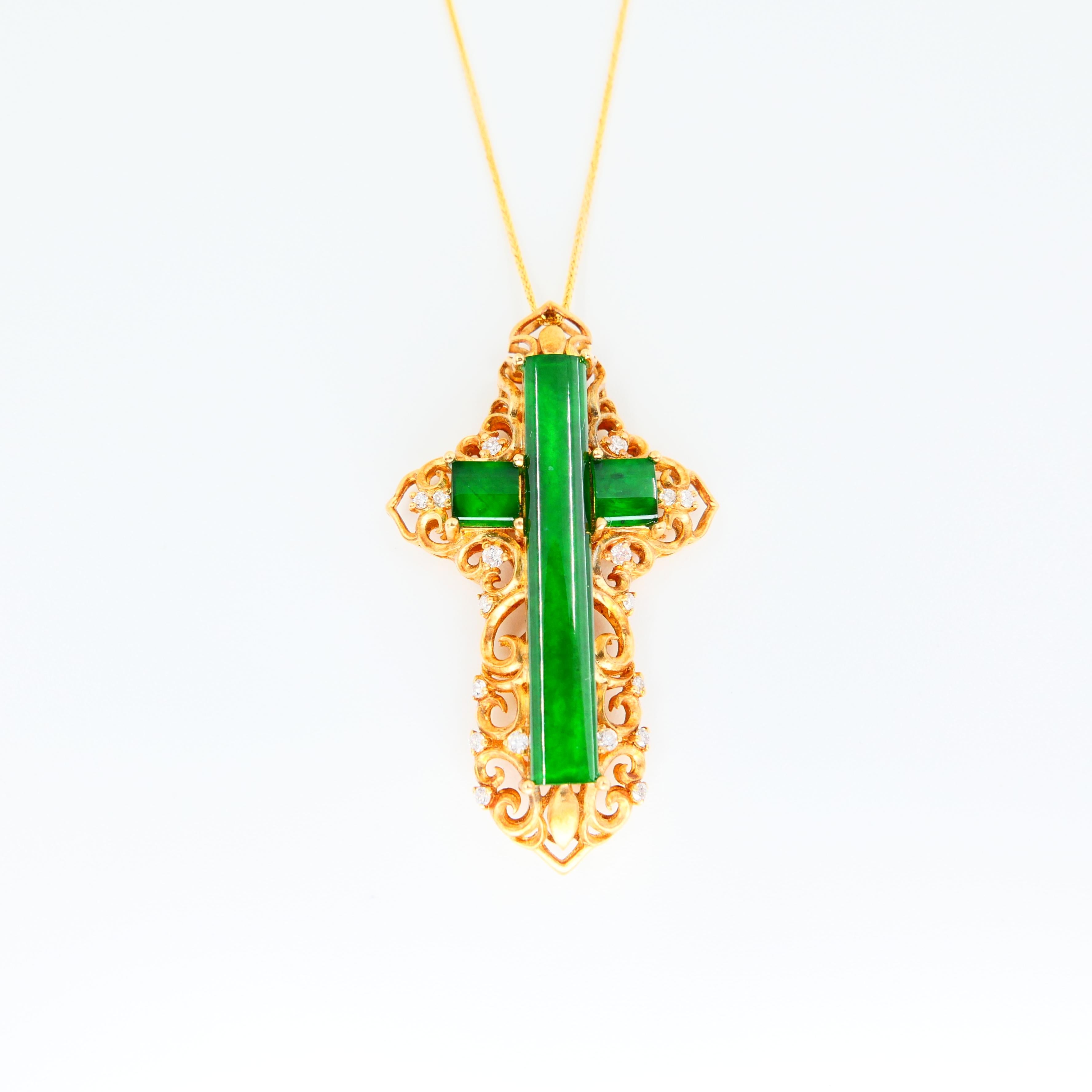 Certified Type A Jade Diamond Cross Pendant Drop Necklace, Intense Vivid Green In New Condition In Hong Kong, HK