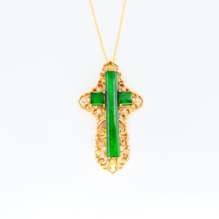 Certified Type A Jade Diamond Cross Pendant Drop Necklace, Intense