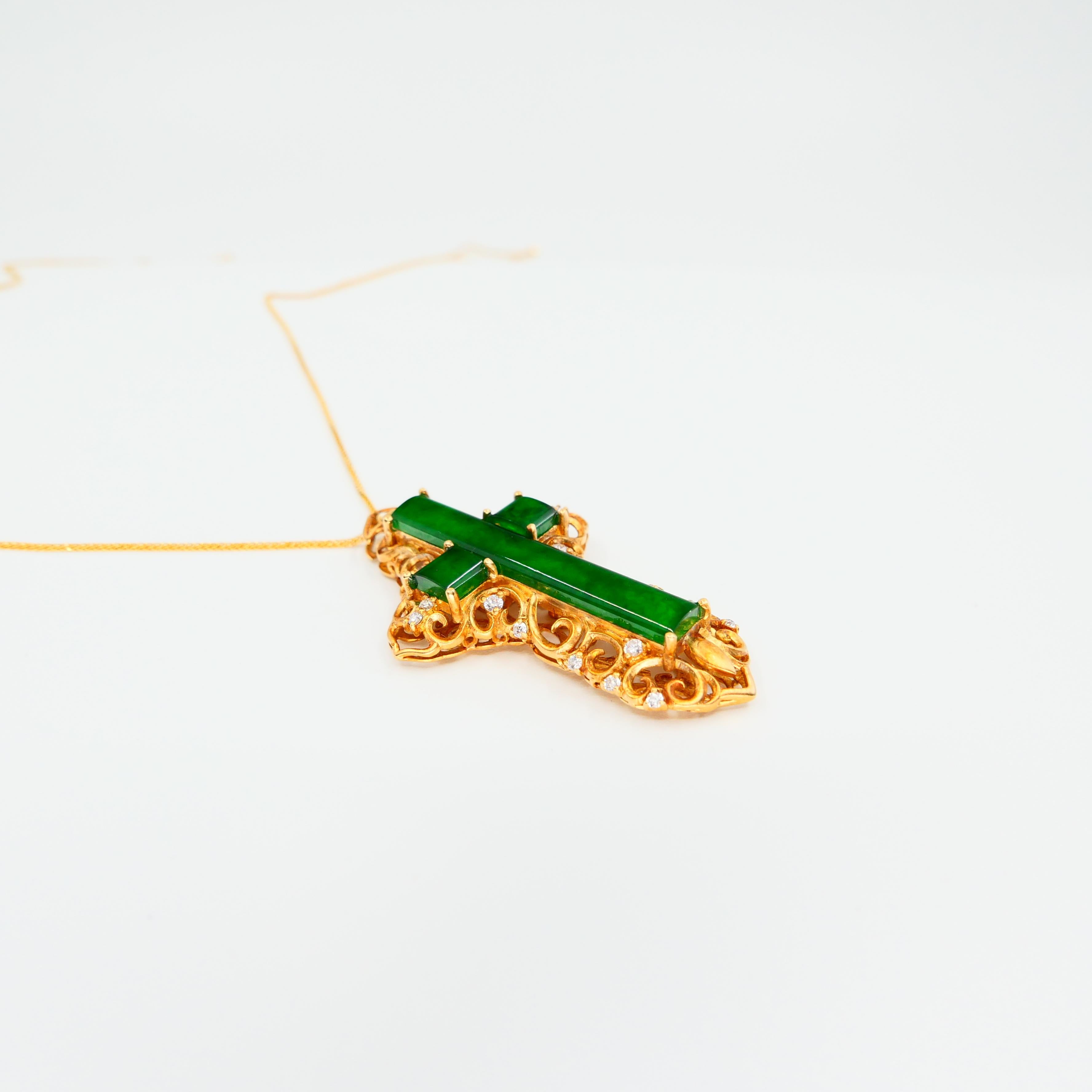 Women's Certified Type A Jade Diamond Cross Pendant Drop Necklace, Intense Vivid Green