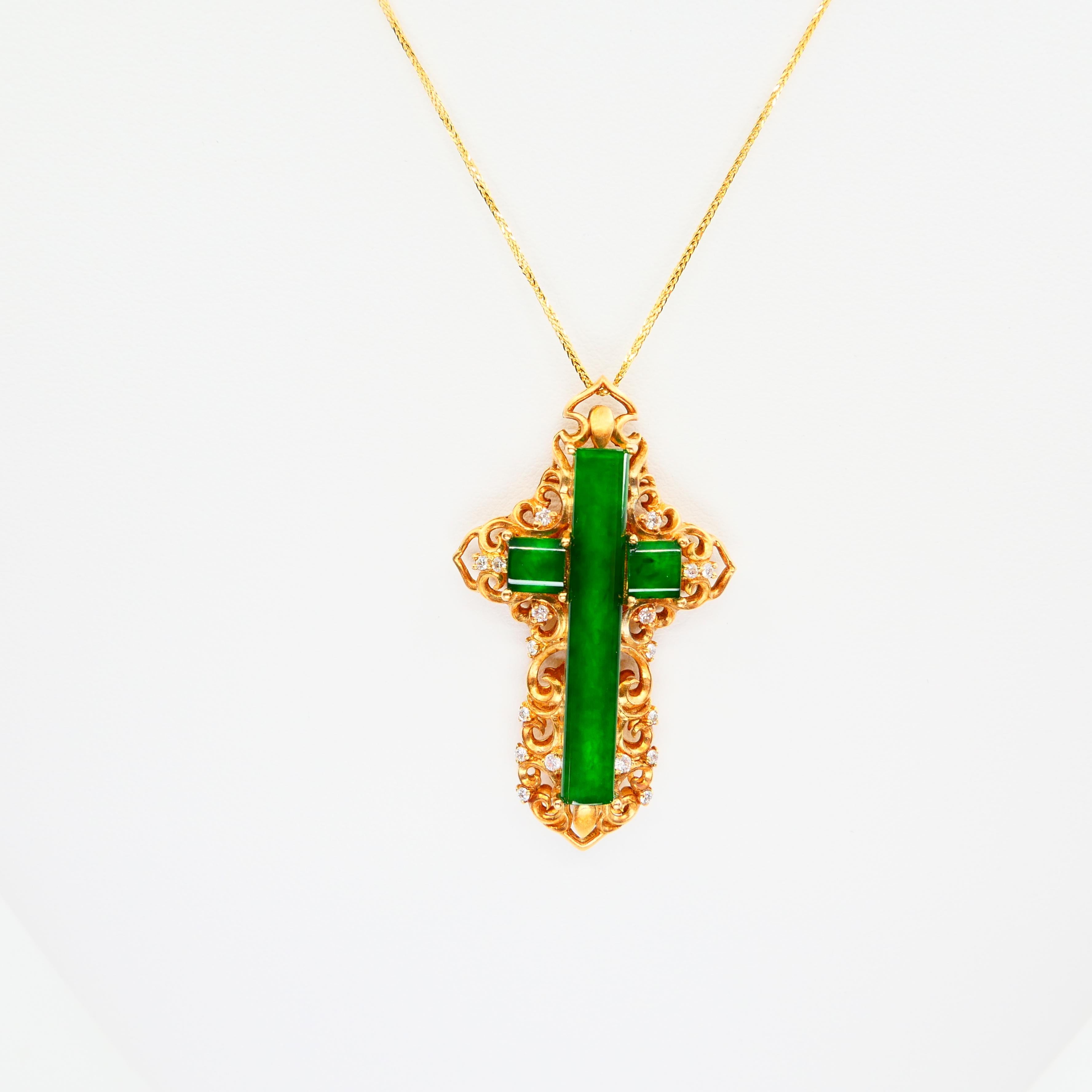 Certified Type A Jade Diamond Cross Pendant Drop Necklace, Intense Vivid Green 1