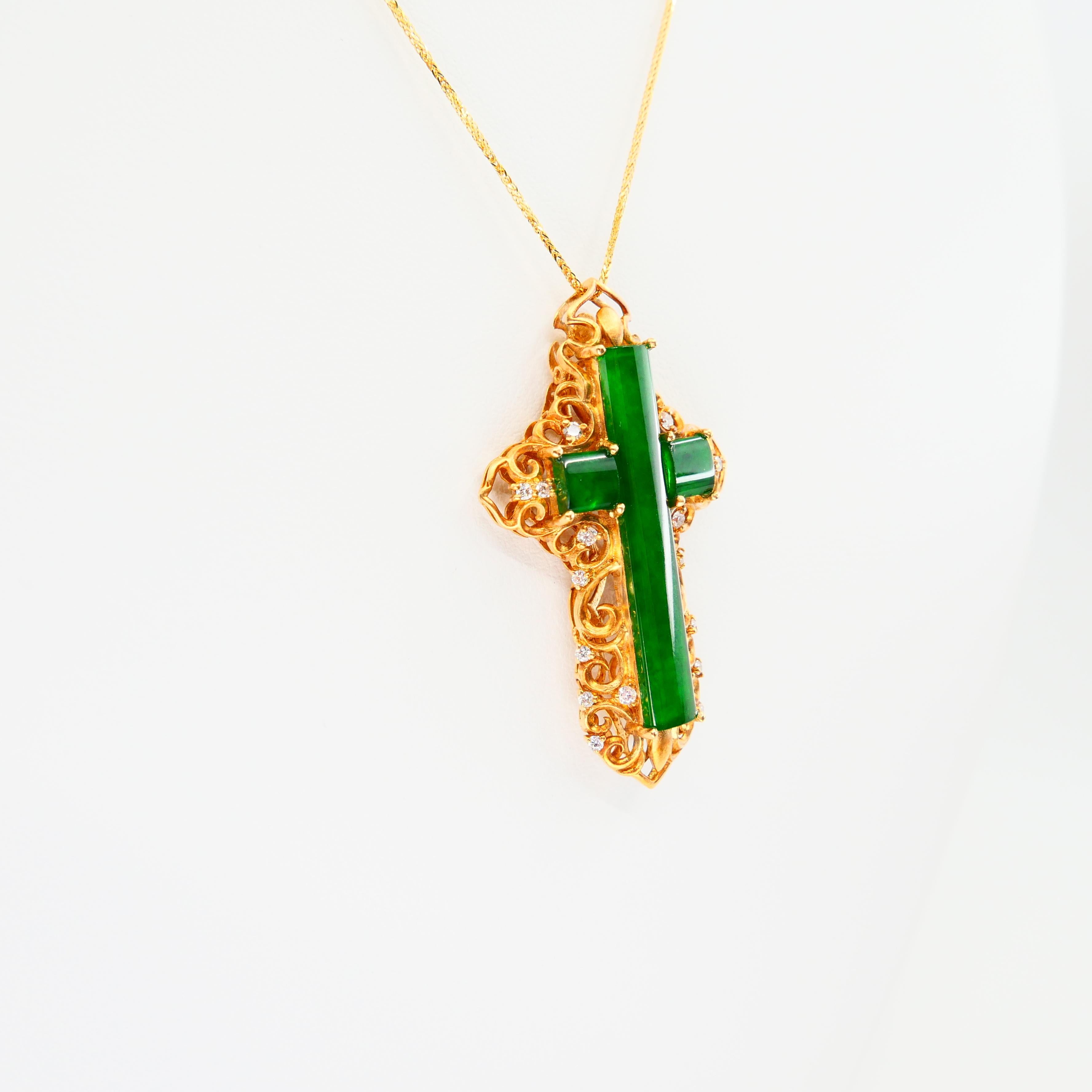 Certified Type A Jade Diamond Cross Pendant Drop Necklace, Intense Vivid Green 2