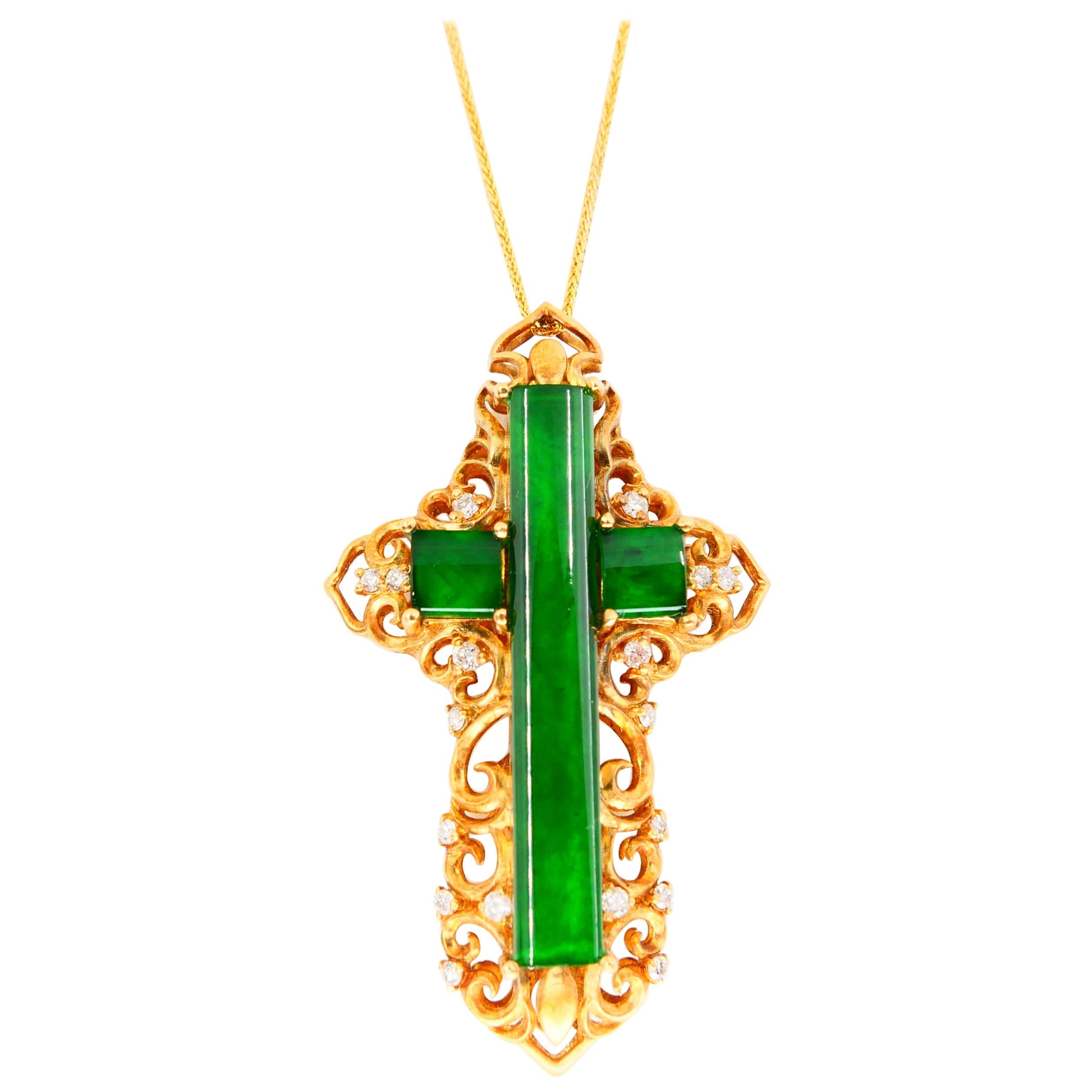 Certified Type A Jade Diamond Cross Pendant Drop Necklace, Intense
