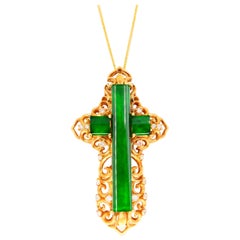 Certified Type A Jade Diamond Cross Pendant Drop Necklace, Intense Vivid Green